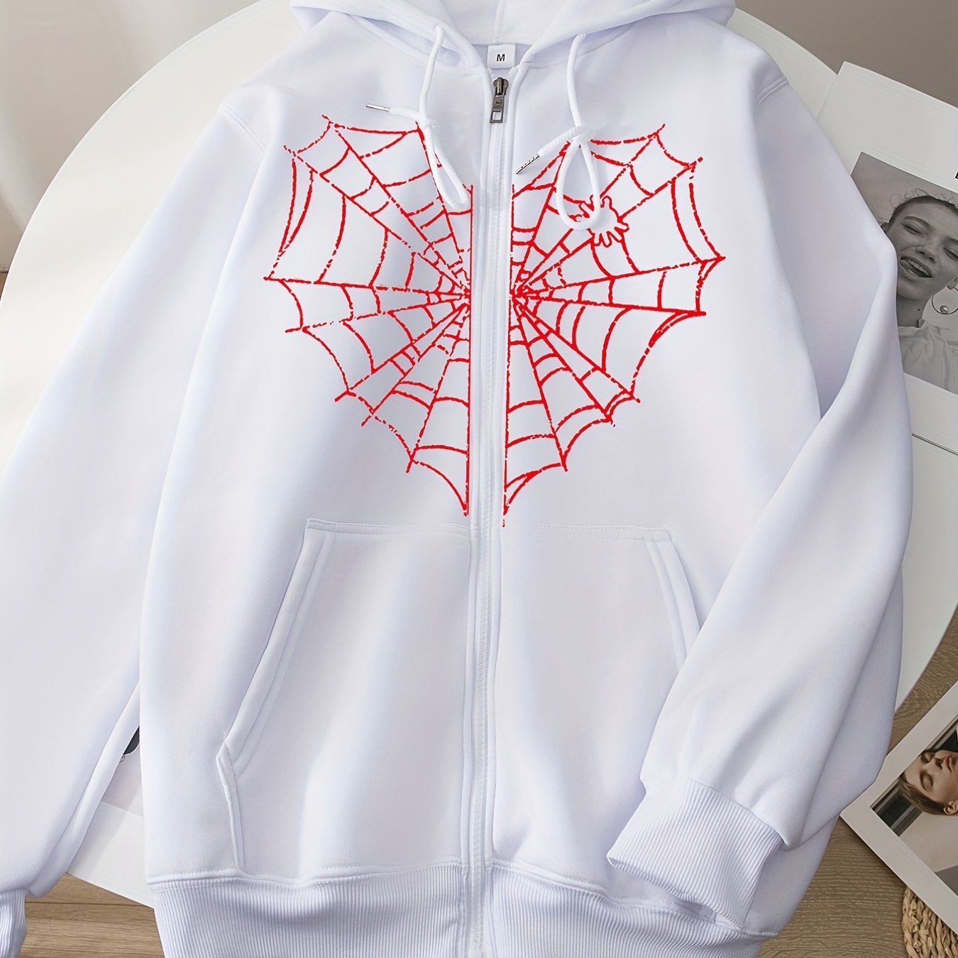 Sixsr Heart Web Print Zip Hoodie, Long Sleeve Zipper Thermal Hoodie Coat With Pocket, Streetwear Hooded Jacket