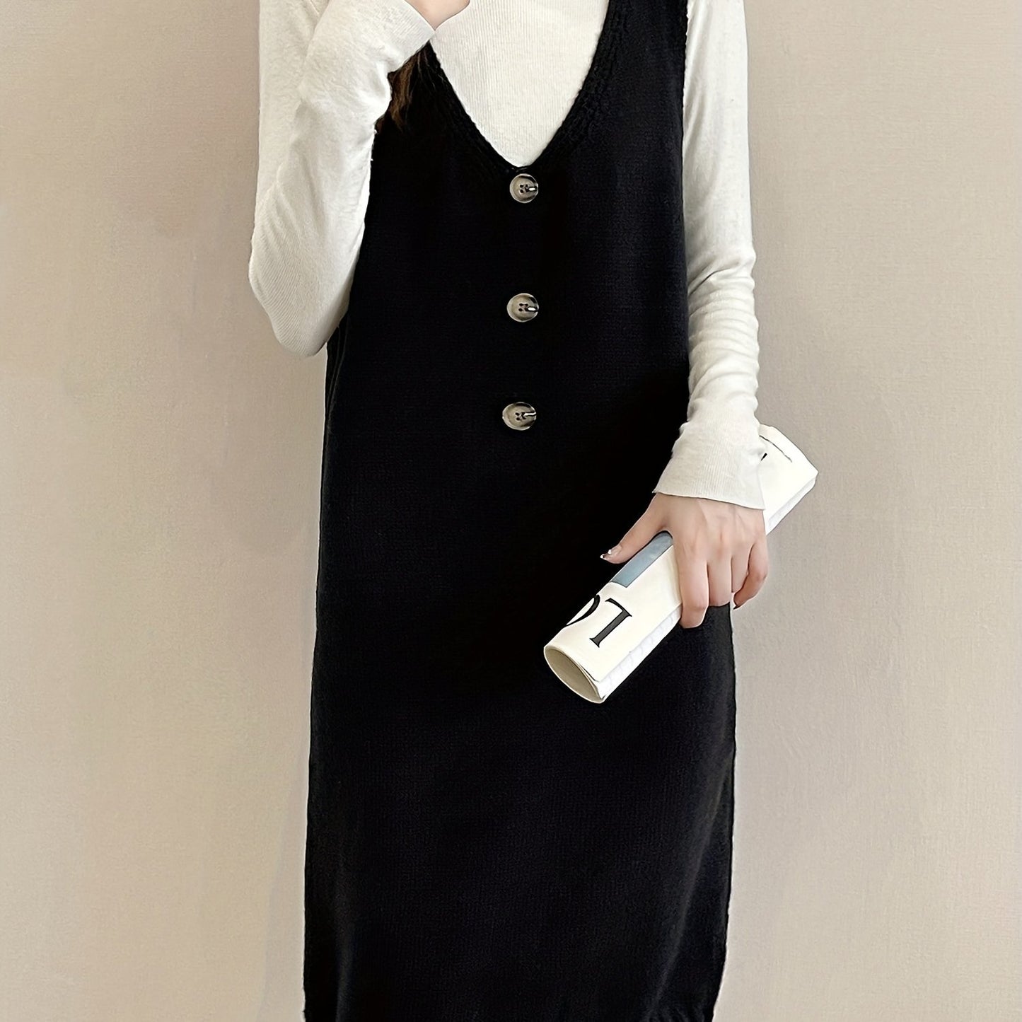 Sixsr Plunging Solid Midi Dress, Elegant Sleeveless Knitted Dress With Buttons, Women's Clothing