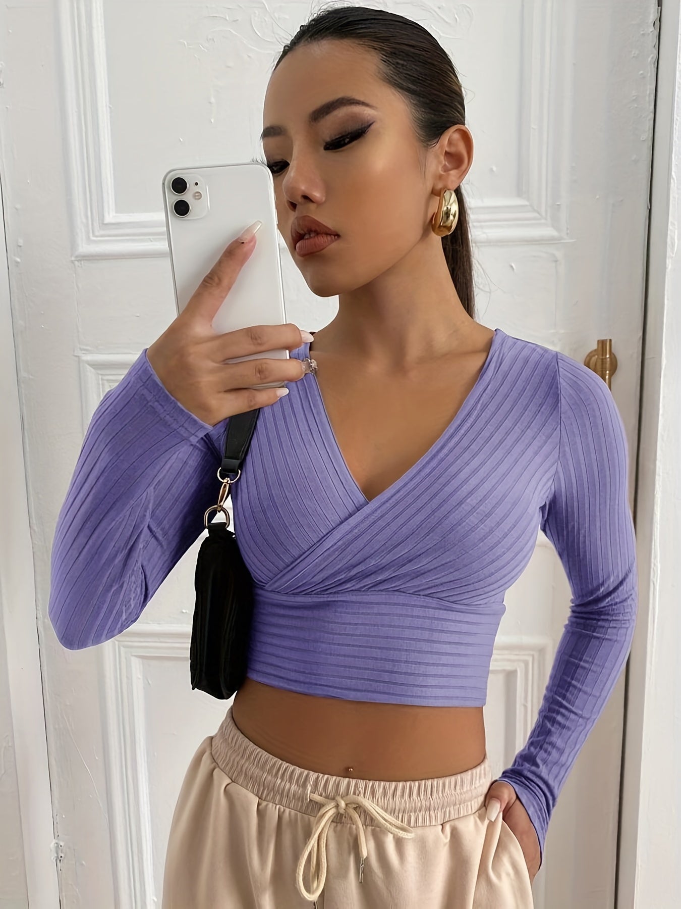 Sixsr Ribbed Solid Deep V Neck Long Sleeve Cross Wrap Crop Tops , Women's Clothings