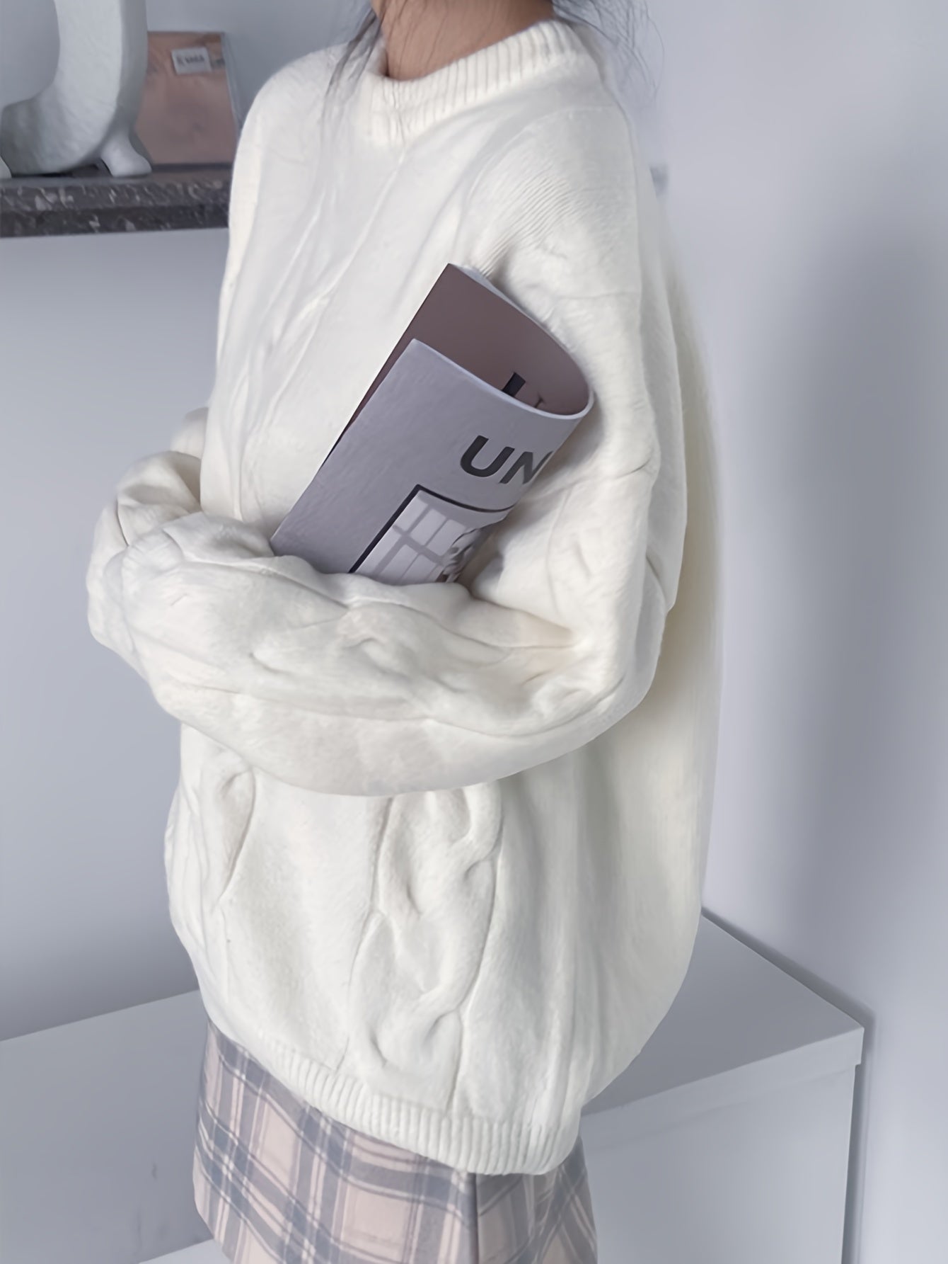 Sixsr Solid Cable Knit Loose Sweater, Casual Crew Neck Long Sleeve Sweater, Women's Clothing