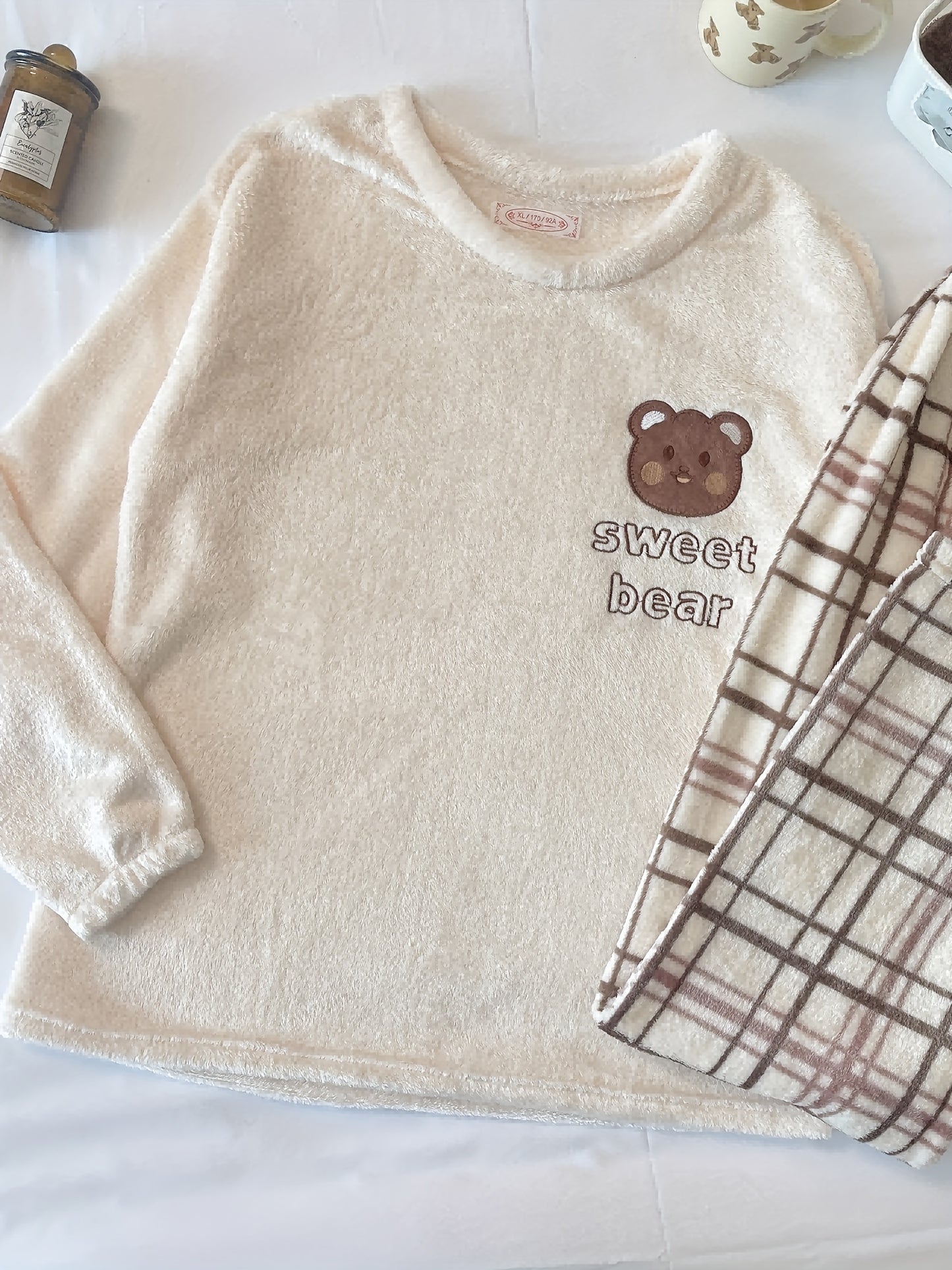 Sixsr Cute & Warm Teddy Bear Pattern Loungewear Pajamas, Long Sleeve Pullover Tops & Plaid Pants, Women's Sleepwear & Loungewear