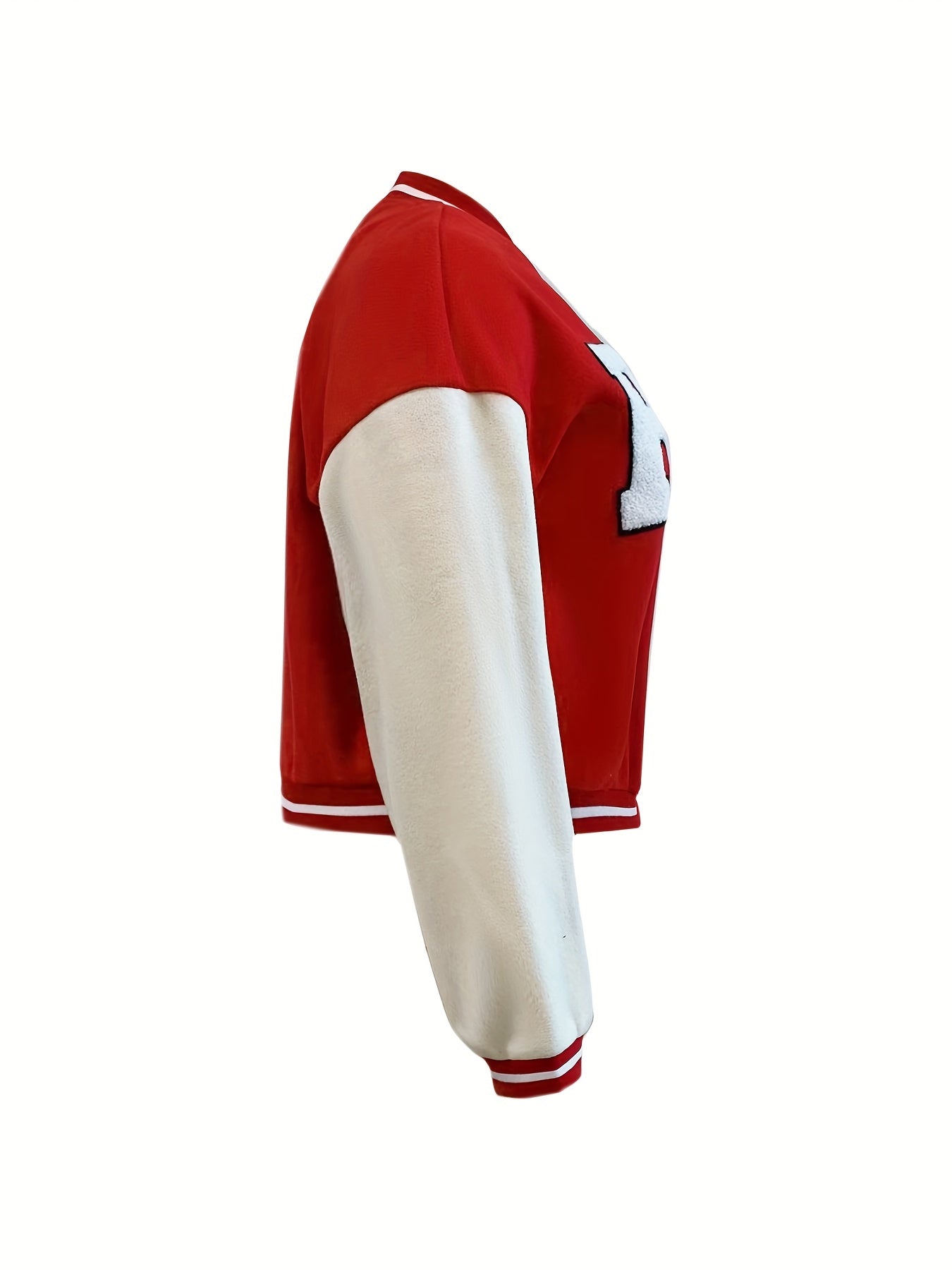 Sixsr Plus Size Casual Jacket, Women's Plus Letter Patched Button Up Striped Trim Drop Shoulder Crop Varsity Jacket