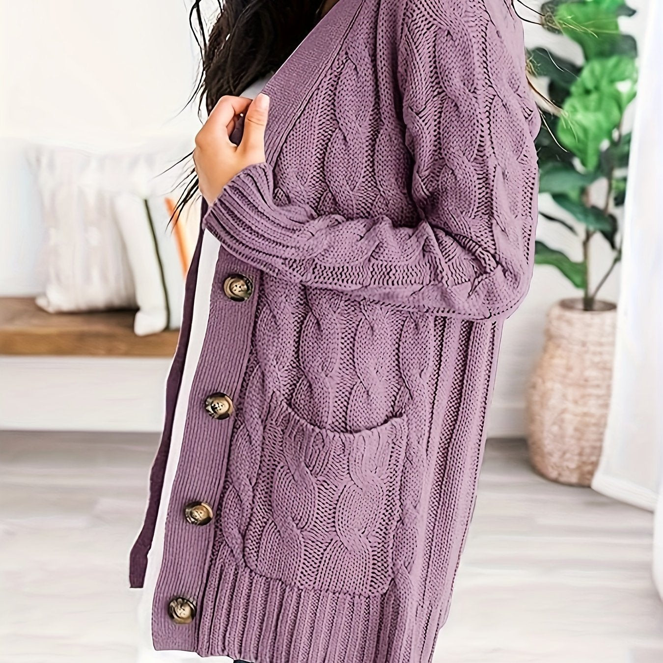 Sixsr Cable Knit Button Front Cardigan, Casual Solid Long Sleeve Cardigan For Fall & Winter, Women's Clothing