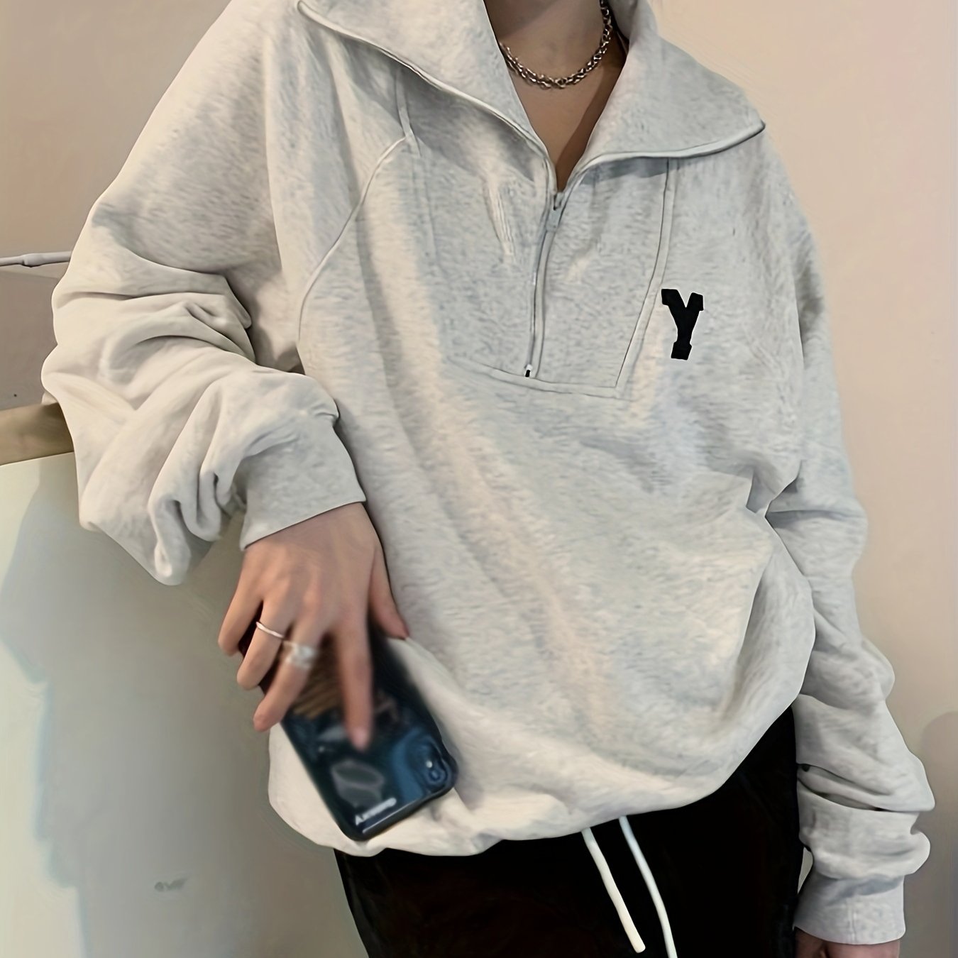 Sixsr Latter Pattern Print Half Zip Sweatshirt, Casual Long Sleeve Lapel Sweatshirt For Fall & Winter, Women's Clothing