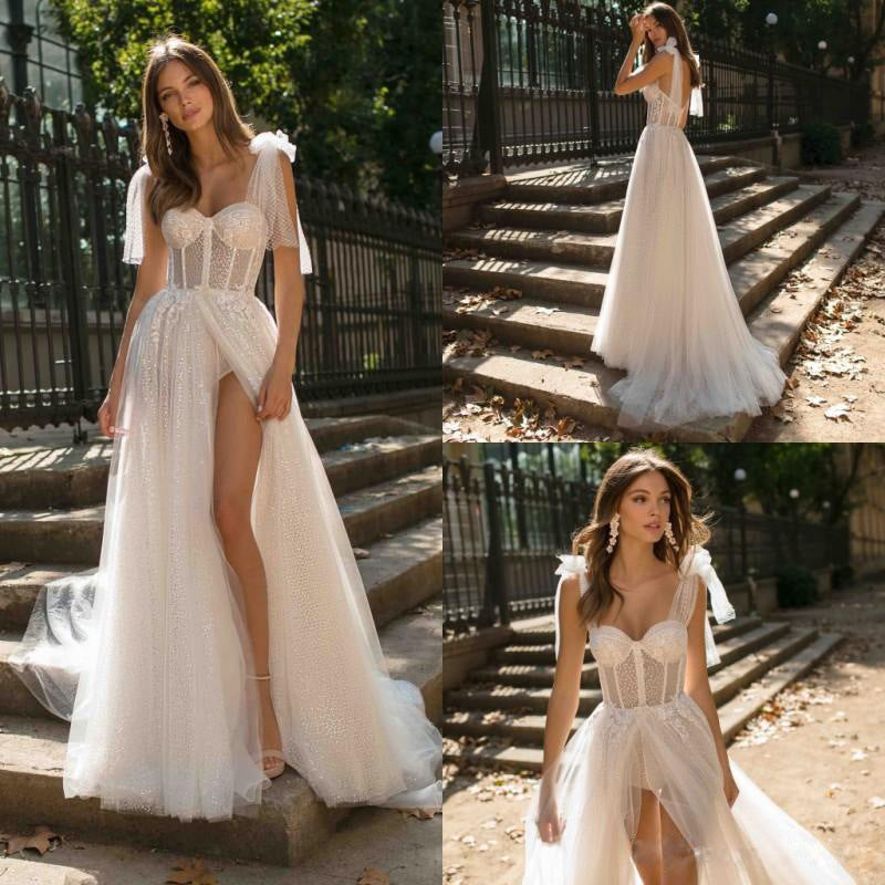 2025 new Popular trade women's New new ebay sexy suspender backless perspective wedding dress split long dress