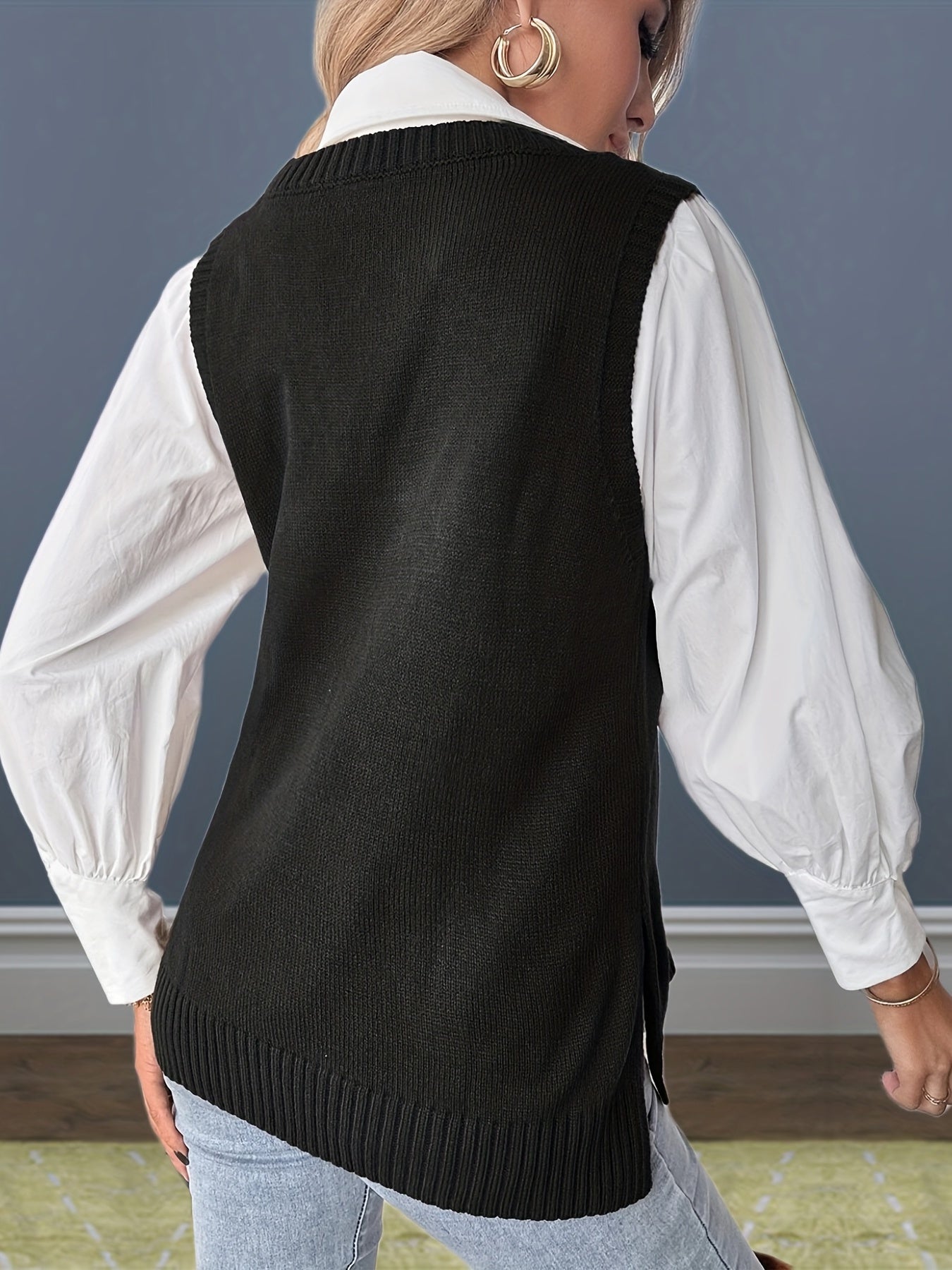 Sixsr Split Solid Sweater Vest, Casual V Neck Versatile Sleeveless Vest, Women's Clothing