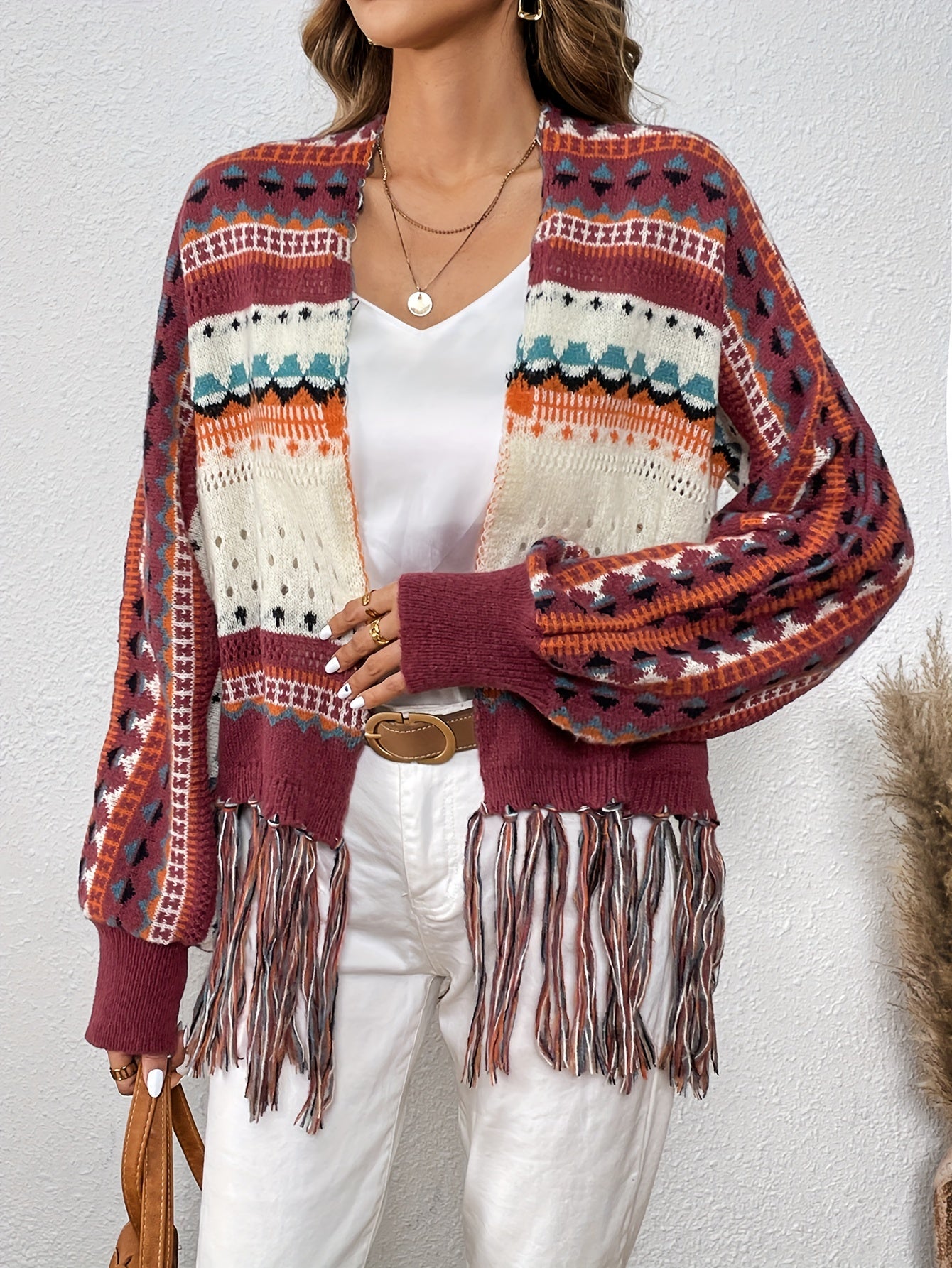 Sixsr Ethnic Graphic Pattern Tassel Cardigan, Vintage Open Front Cardigan For Spring & Fall, Women's Clothing