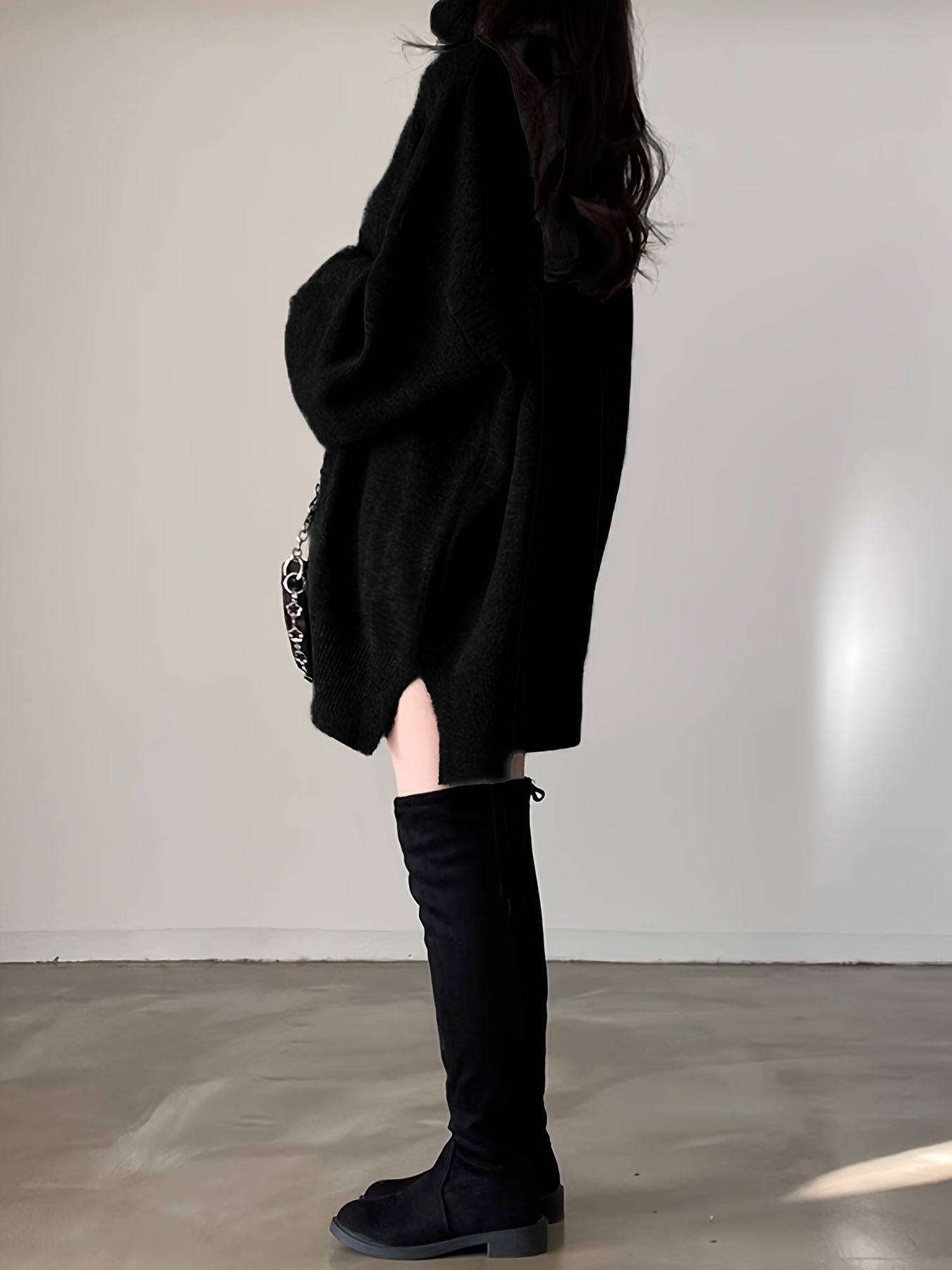 Sixsr Solid Turtle Neck Oversized Sweater, Casual Long Sleeve Split Sweater, Women's Clothing