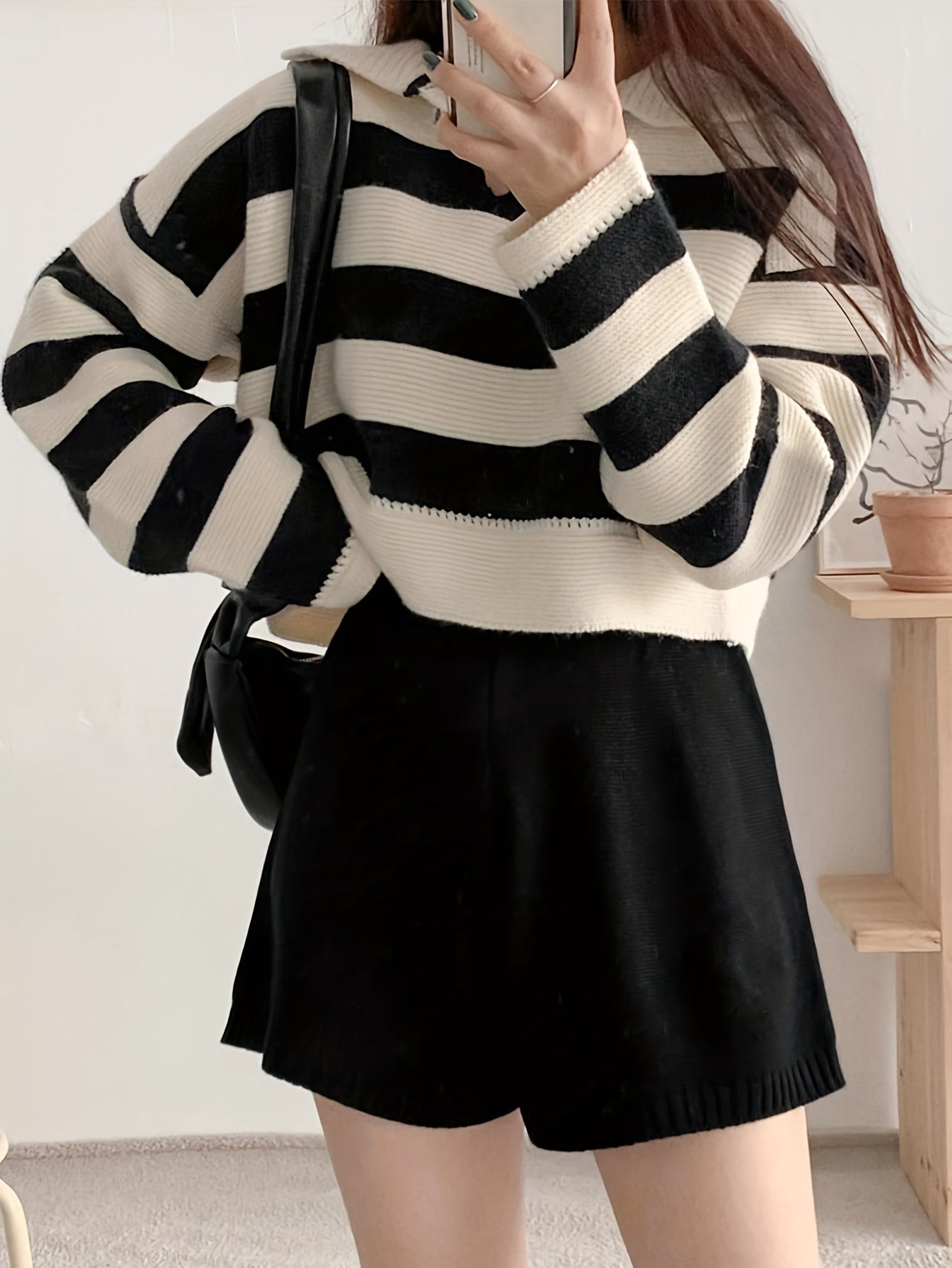 Sixsr Striped Notched Collar Pullover Sweater, Casual Long Sleeve Loose Crop Sweater, Women's Clothing