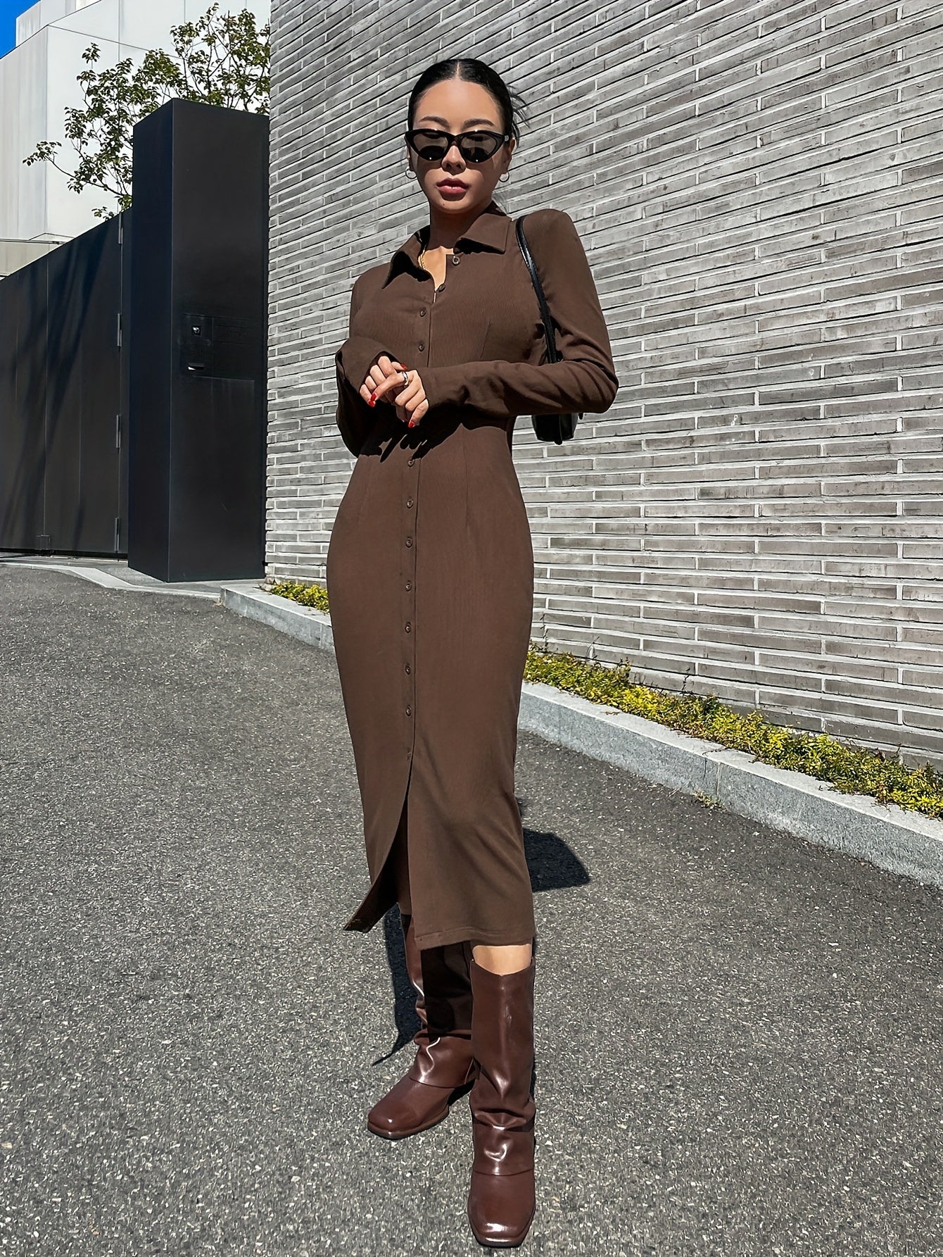 Sixsr Solid Simple Dress, Casual Button Front Long Sleeve Maxi Dress, Women's Clothing