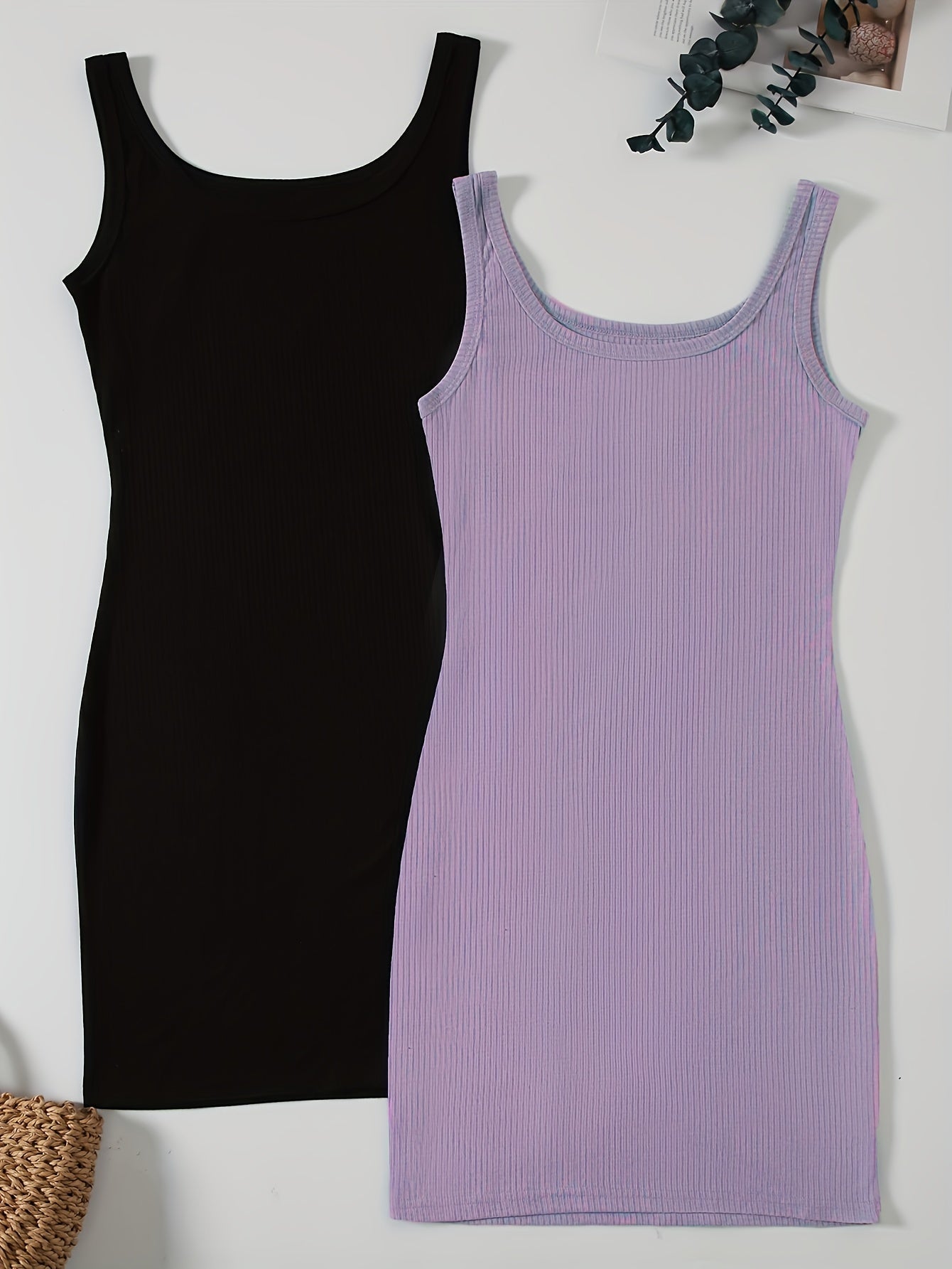 Sixsr 2 Pieces Solid Bodycon Tank Dress, Casual Crew Neck Dress For Spring & Summer, Women's Clothing