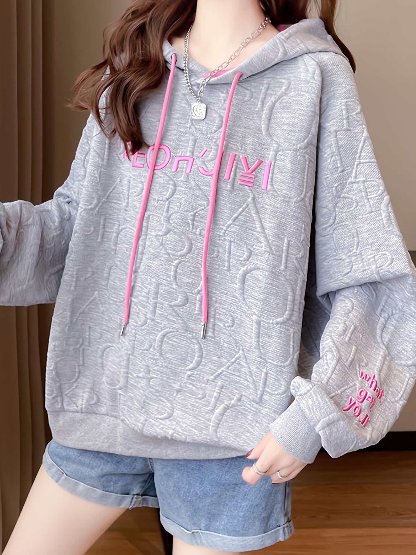 Sixsr Letter Print Embroidered Drawstring Thermal Hoodie, Casual Printed Long Sleeve Hoodies Sweatshirts, Women's Clothing