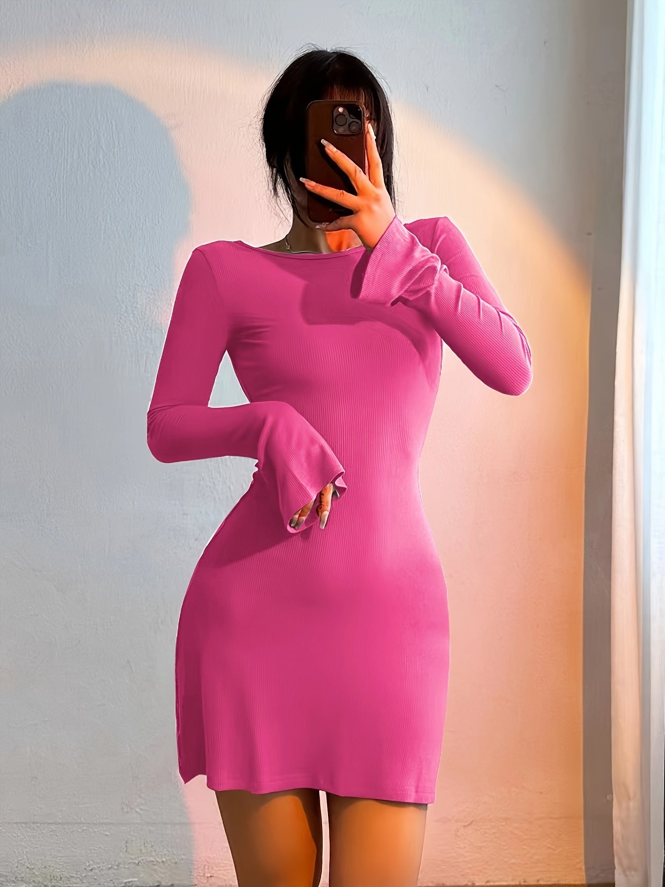 Sixsr Backless Solid Bodycon Dress, Party Wear Long Sleeve Mini Dress, Women's Clothing