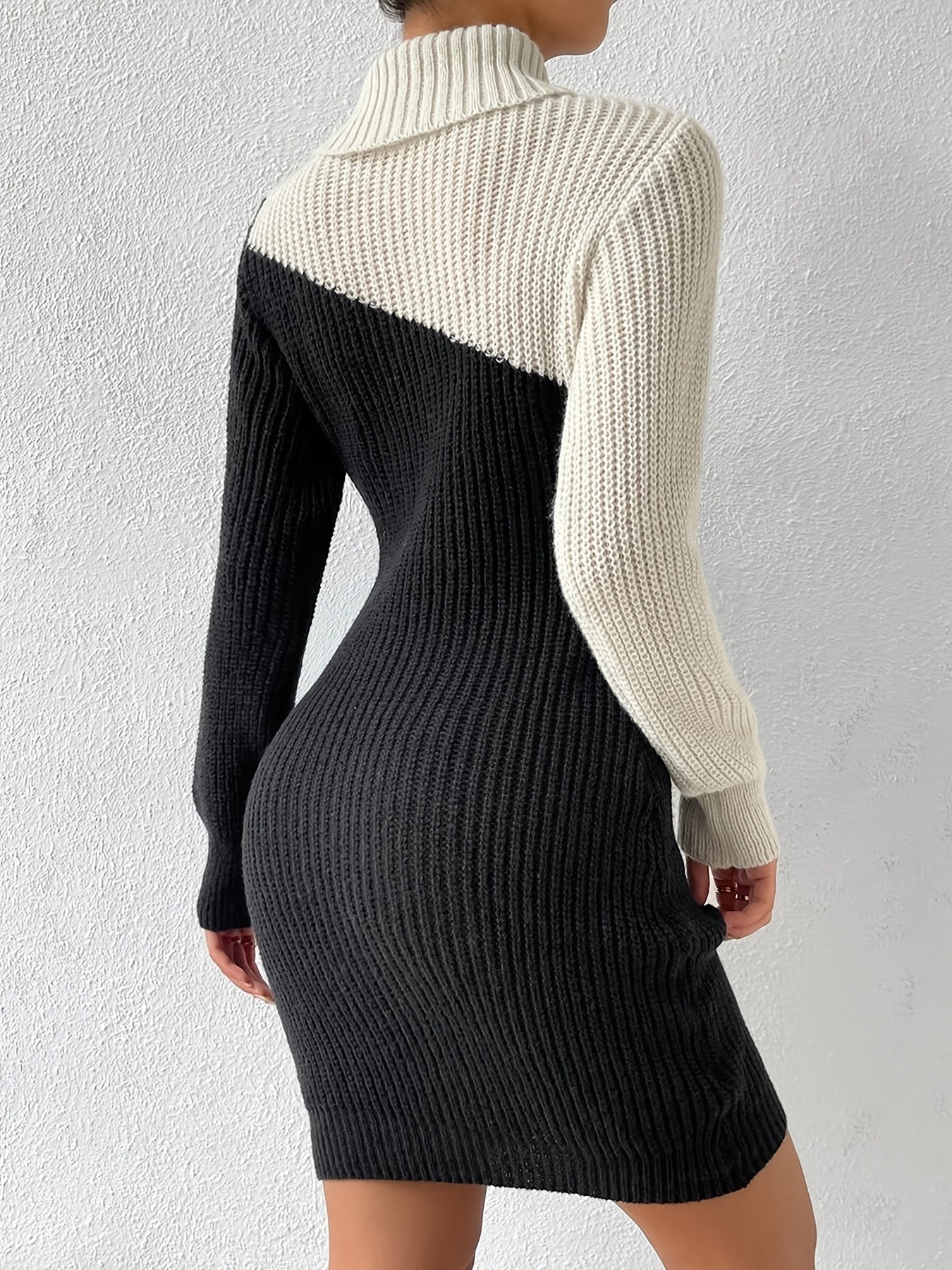 Sixsr Colorblock Turtleneck Knit Dress, Elegant Long Sleeve Dress (without Belt), Women's Clothing