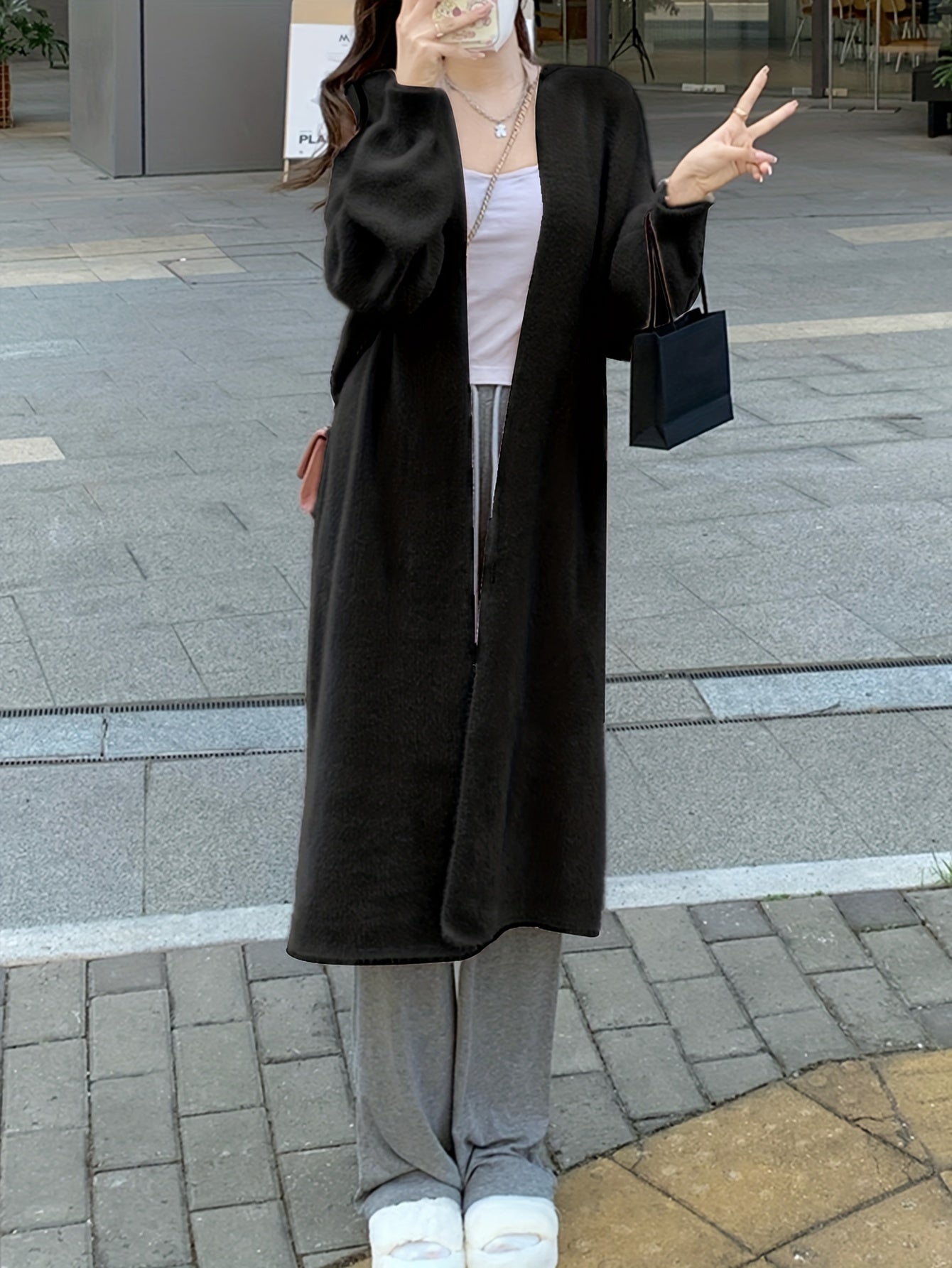 Sixsr Solid Open Front Loose Knit Cardigan, Elegant Long Sleeve Mid Length Comfy Sweater, Women's Clothing