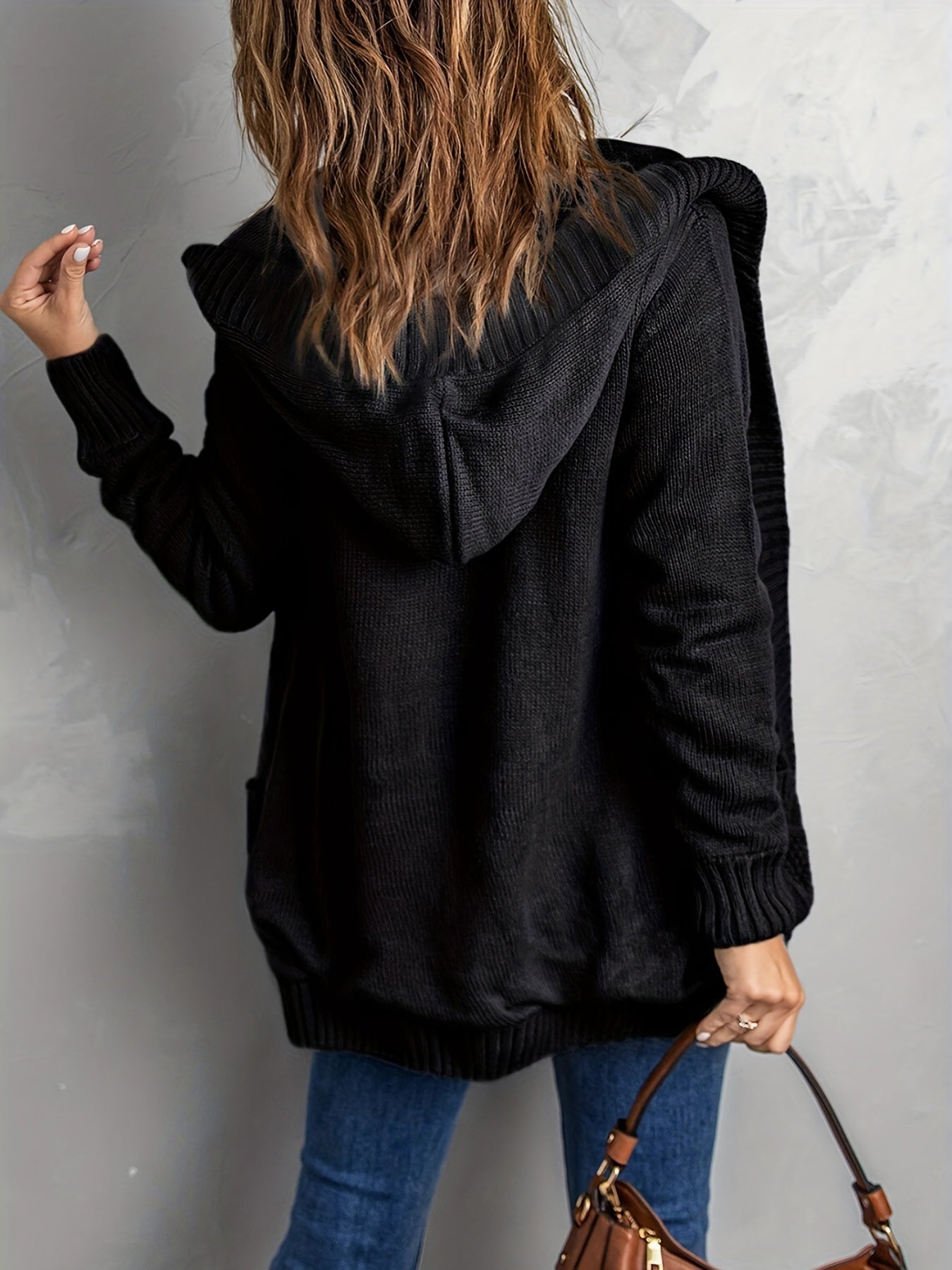 Sixsr Plus Size Casual Sweater, Women's Plus Plain Cable Button Up Hooded Long Sleeve Jumper