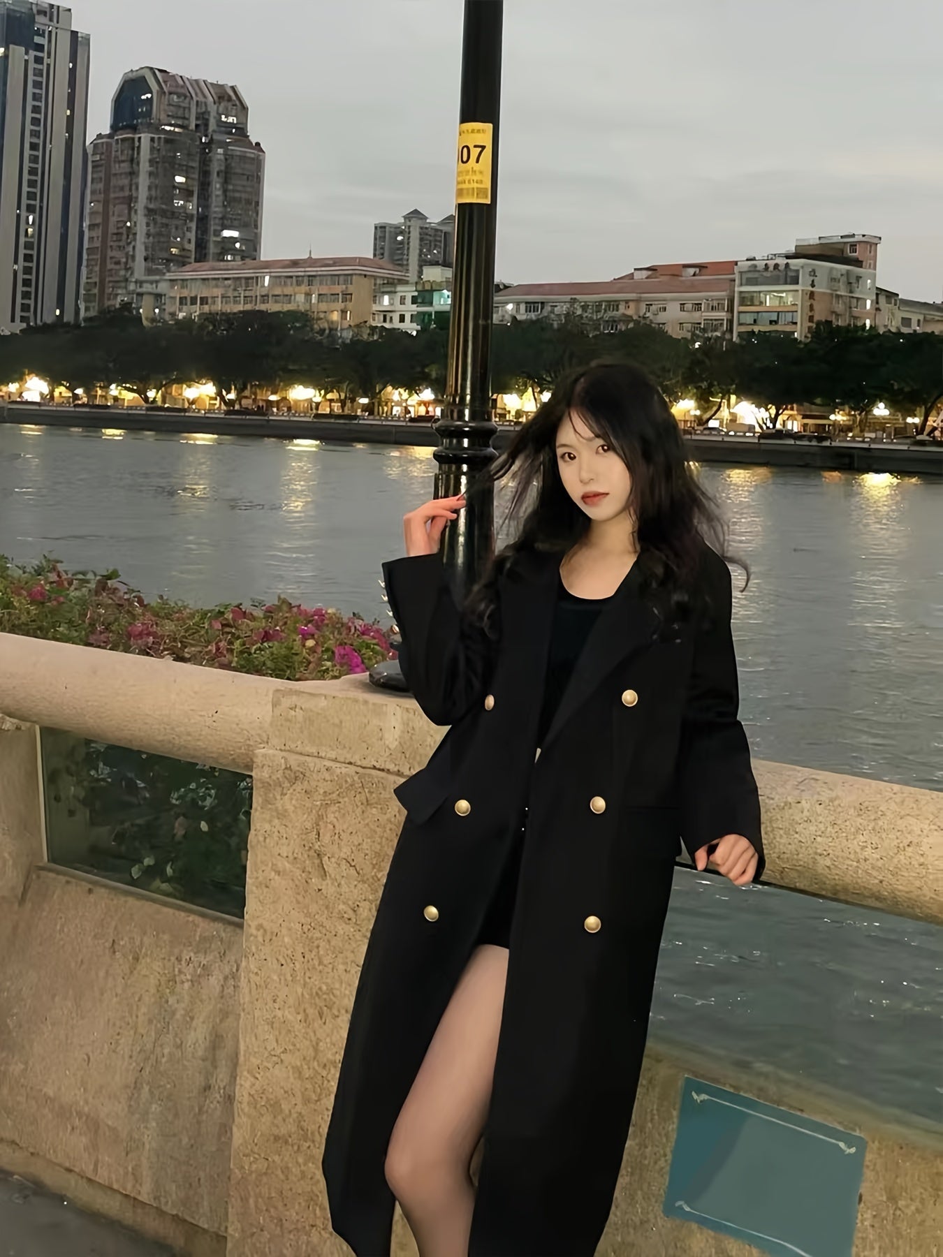 Sixsr Notched Collar Double-breasted Coat, Casual Long Sleeve Midi Length Coat For Fall & Winter, Women's Clothing