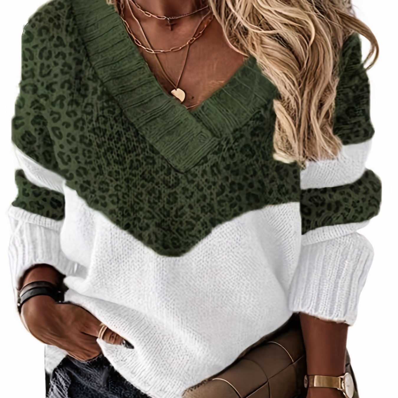Sixsr Plus Size Casual Sweater, Women's Plus Colorblock Leopard Print V Neck Long Sleeve Pullover Sweater