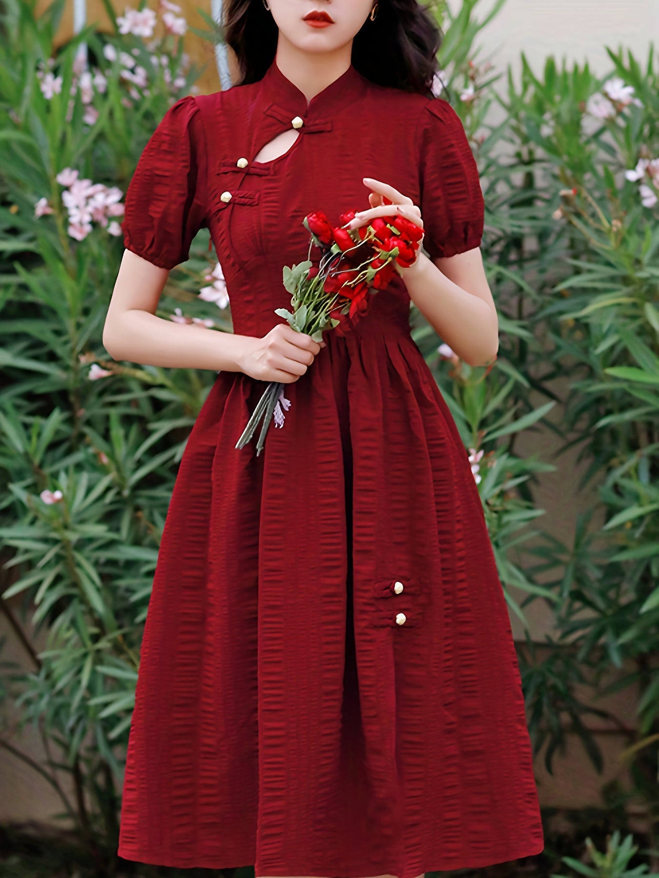 Sixsr Ruched Split Dress, Elegant Solid Puff Sleeve Midi Dress, Women's Clothing