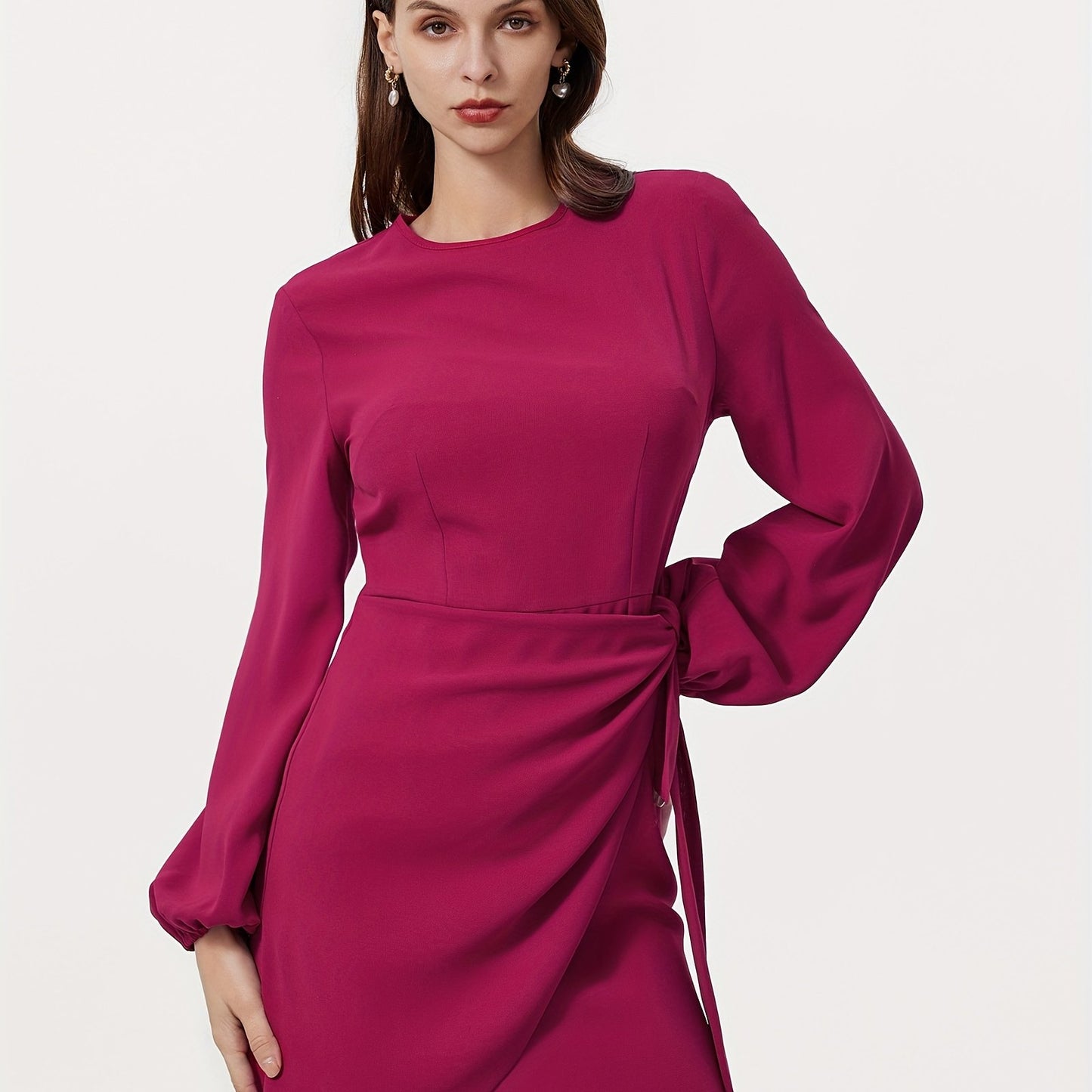 Sixsr Solid Knotted Bodycon Dress, Elegant Long Sleeve Crew Neck Mini Dress, Women's Clothing