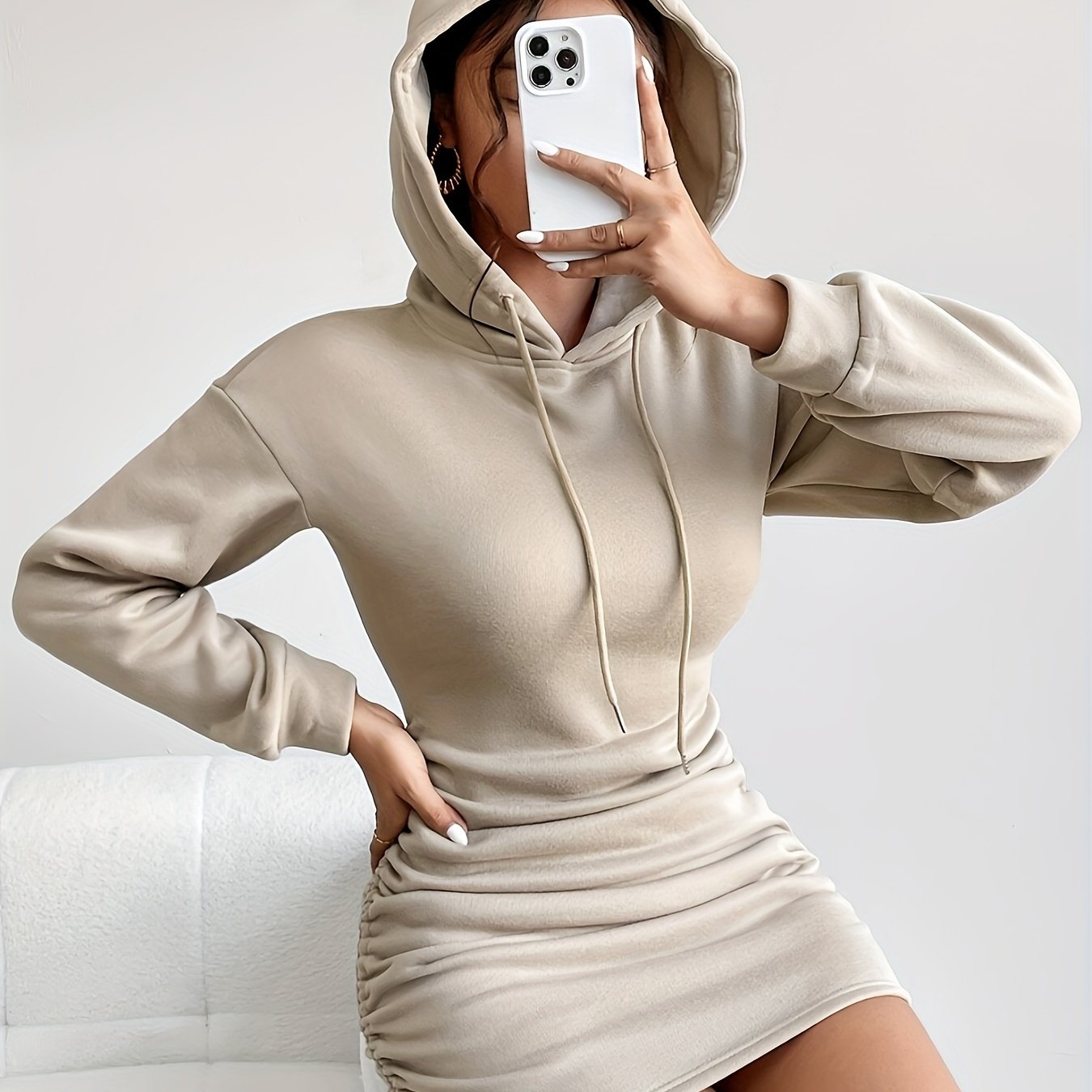 Sixsr Drawstring Hoodie Ruched Dress, Casual Long Sleeve Dress For Spring & Fall, Women's Clothing