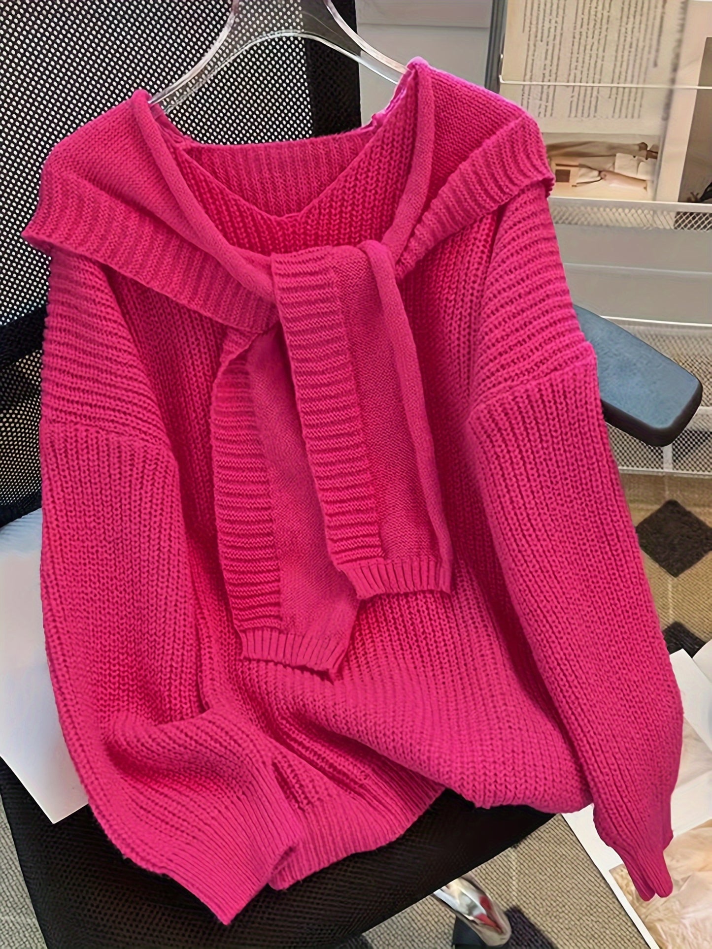 Sixsr Solid Hooded Knitted Pullover Sweater, Casual Long Sleeve Sweater For Fall & Winter, Women's Clothing