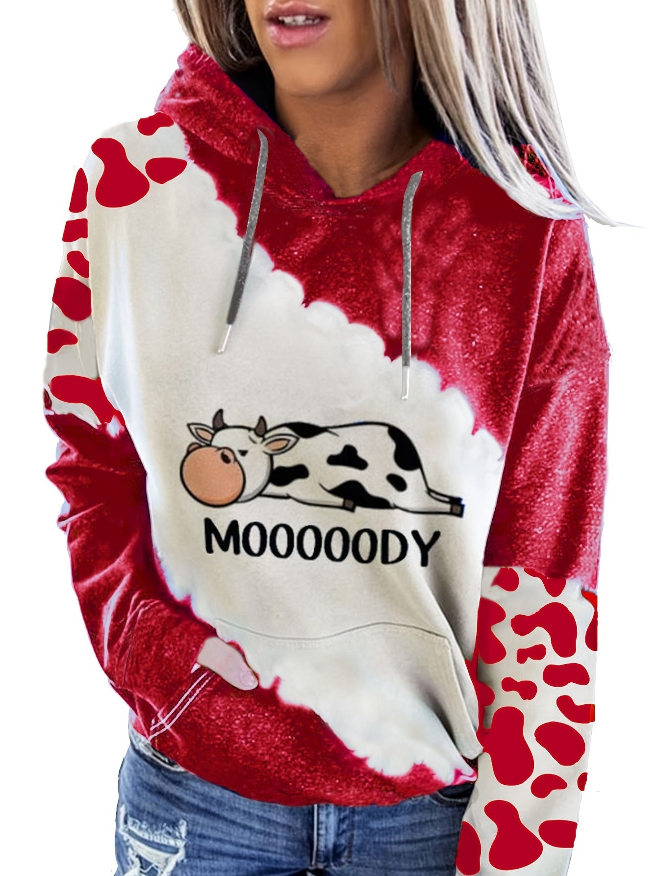 Sixsr Cow & Letter Print Hoodies, Casual Drawstring Kangaroo Pocket Sweatshirt, Women's Clothing