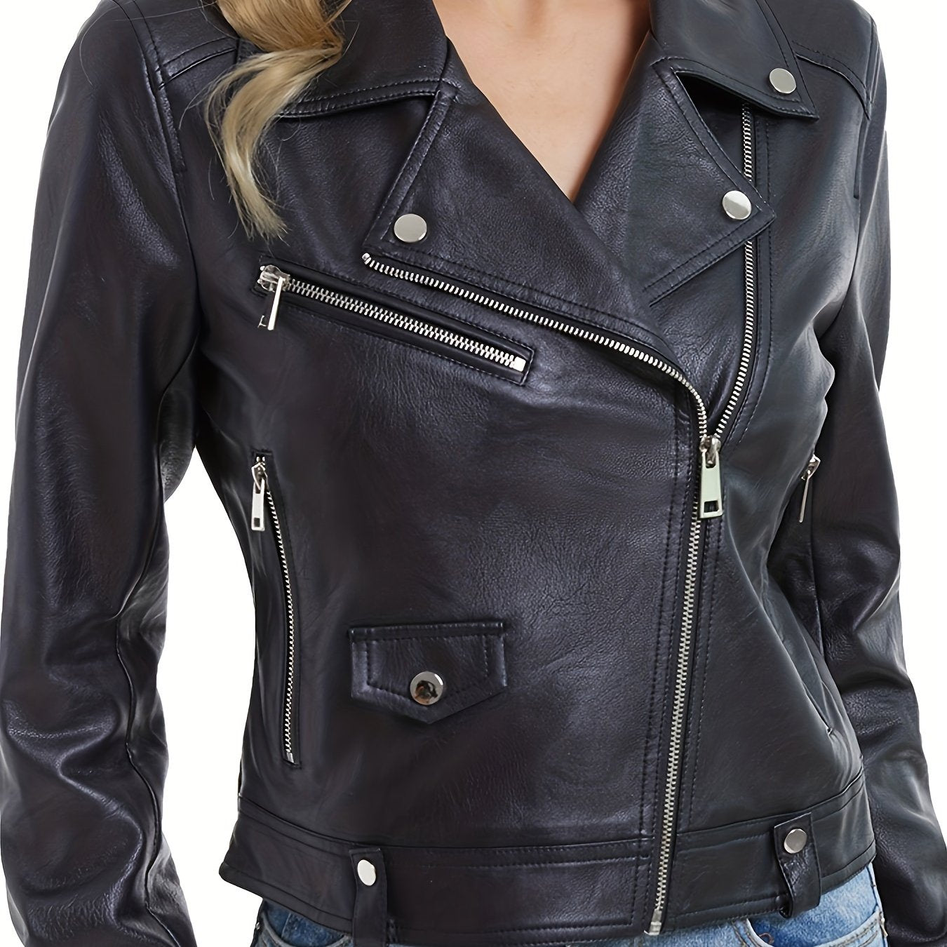 Slant Zipper Lapel Crop Biker Jacket, Vintage Solid Faux Leather Jacket, Women's Clothing