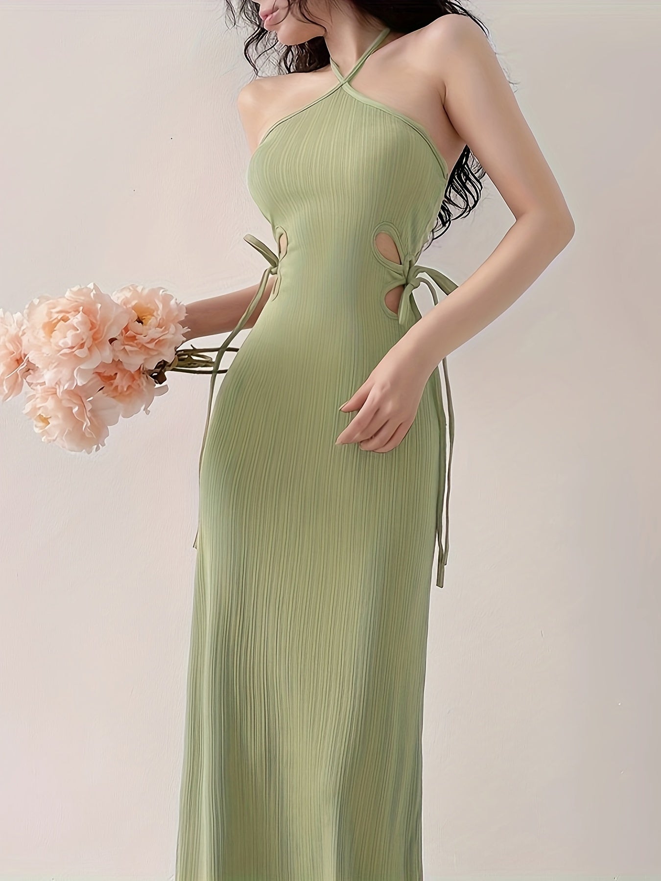 Sixsr Halter Neck Hollow Solid Dress, Elegant Sleeveless Bodycon Party Dress, Women's Clothing
