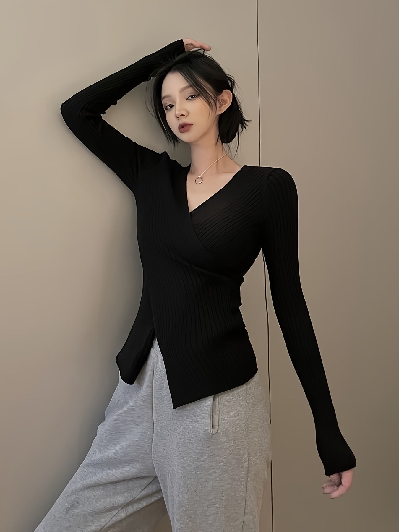 Sixsr Solid Cross Front Knitted Top, Casual Long Sleeve V Neck Slim Sweater, Women's Clothing