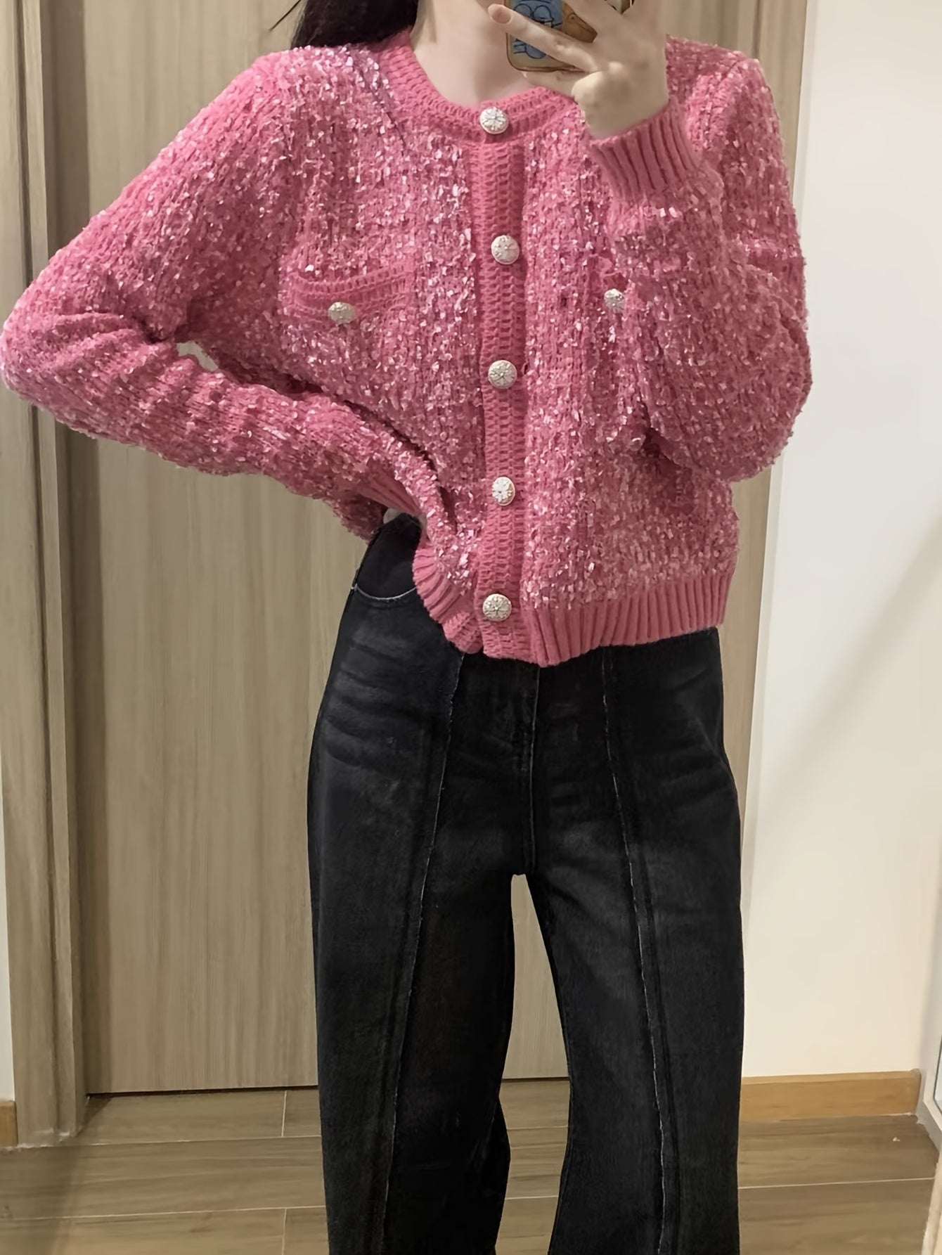 Sixsr Solid Button Front Cardigan, Casual Long Sleeve Pocket Outwear, Women's Clothing
