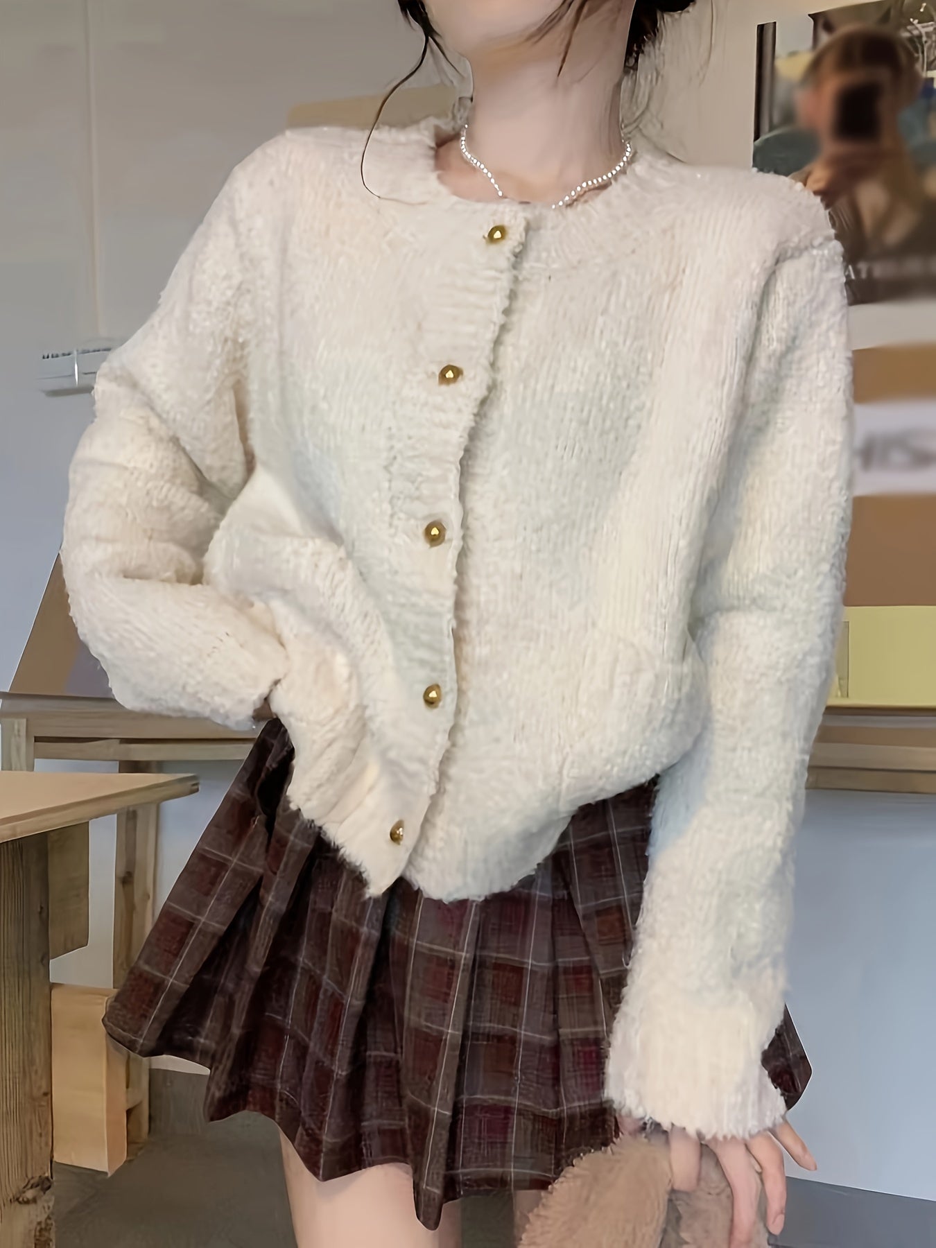 Sixsr Solid Button Down Fuzzy Knit Cardigan, Casual Crew Neck Long Sleeve Thick Sweater, Women's Clothing