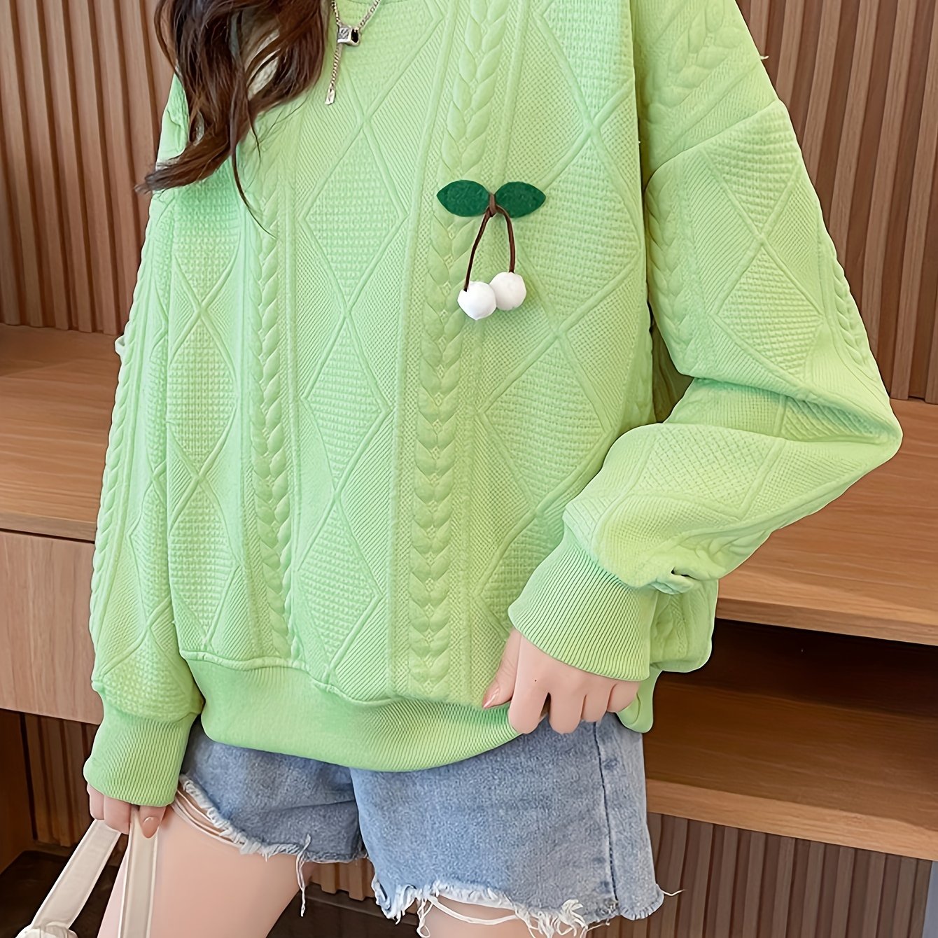 Sixsr Fruit Decor Pullover Textured Sweatshirt, Casual Long Sleeve Crew Neck Sweatshirt For Fall & Winter, Women's Clothing