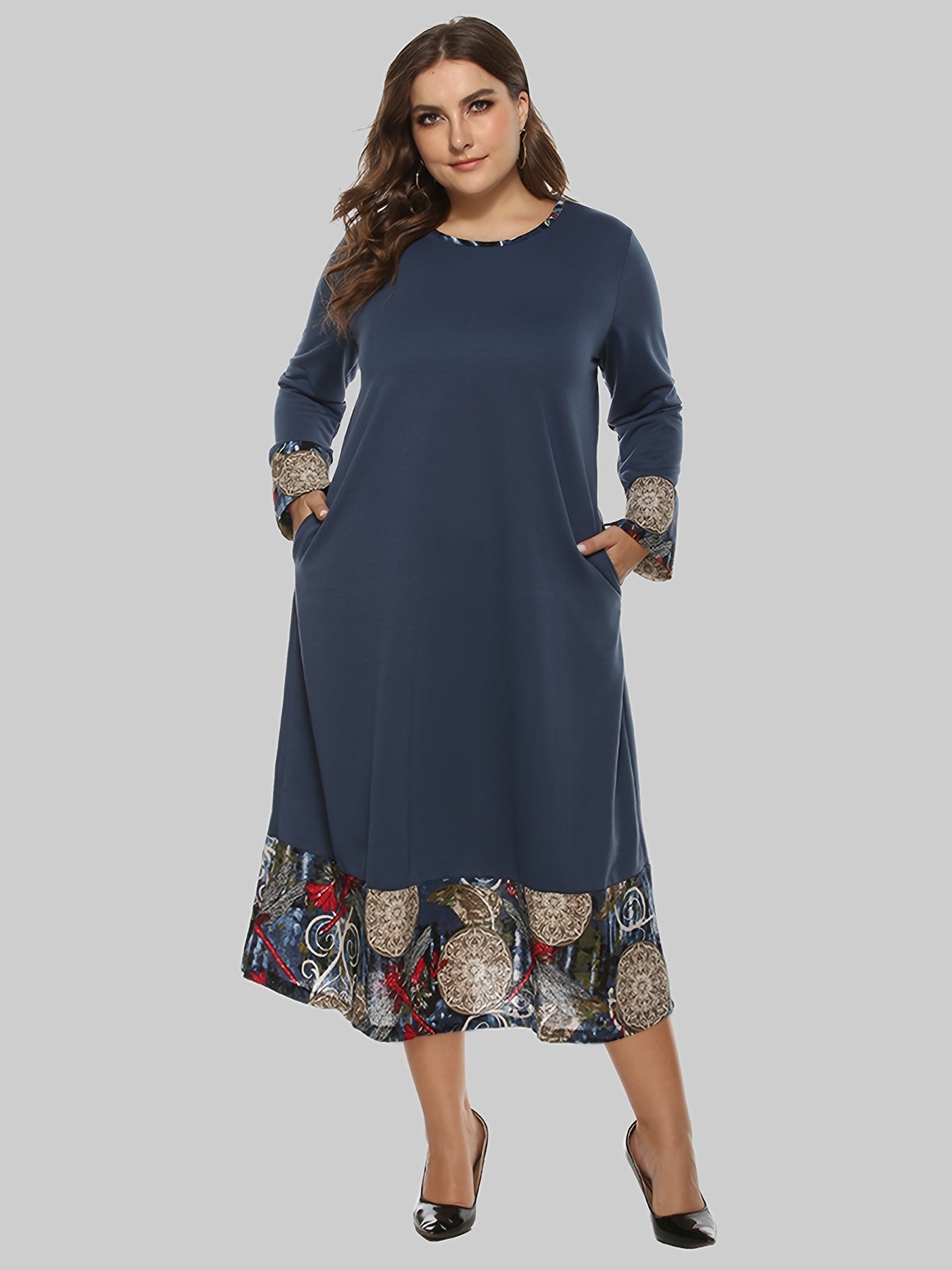 Sixsr Plus Size Colorblock Long Sleeve Maxi Dress, Women's Plus Round Neck Casual Long Dress