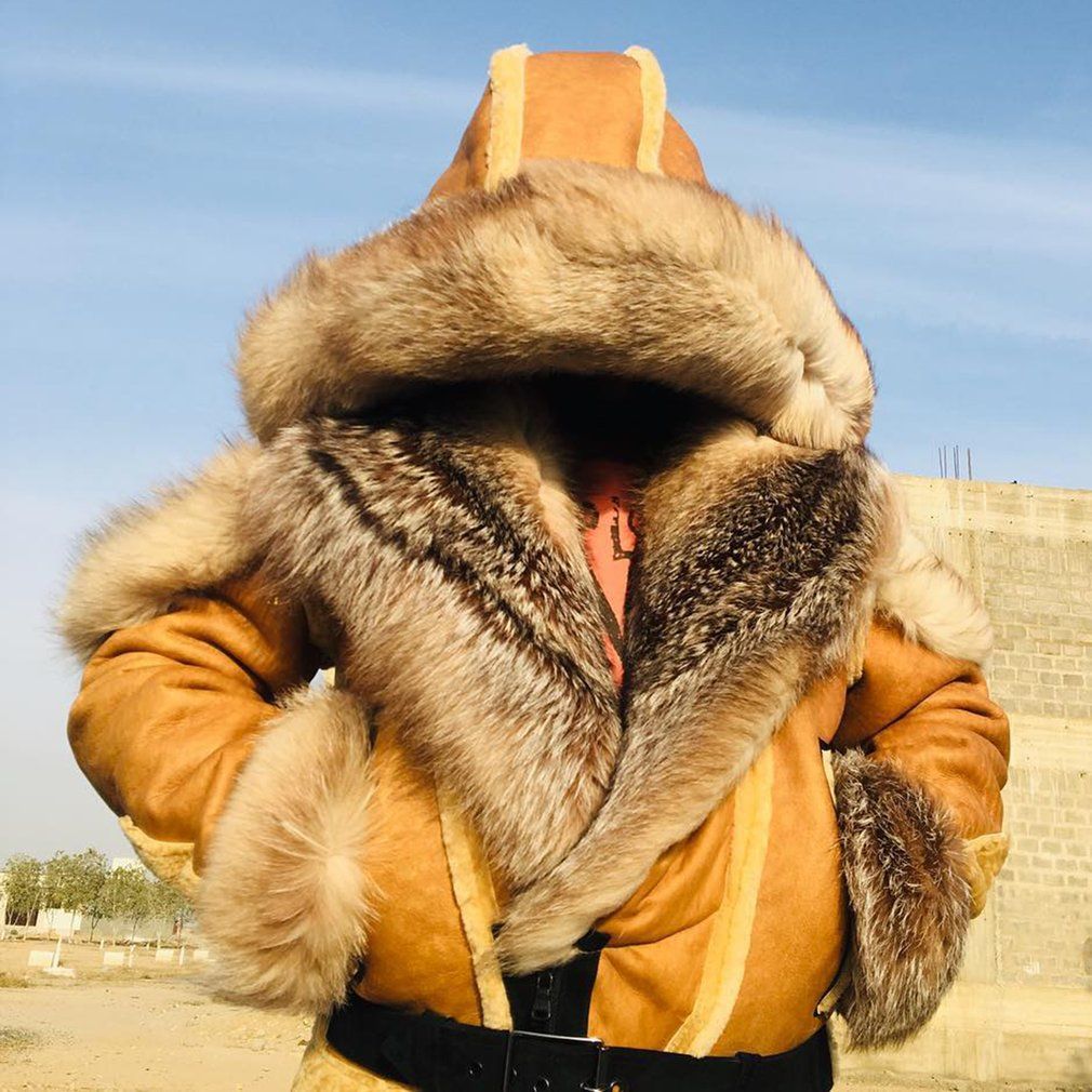 2025 Upgrade thickened order surge explosion wish men's imitation leather fleece fur integrated large fur collar hooded long sleeve jacket