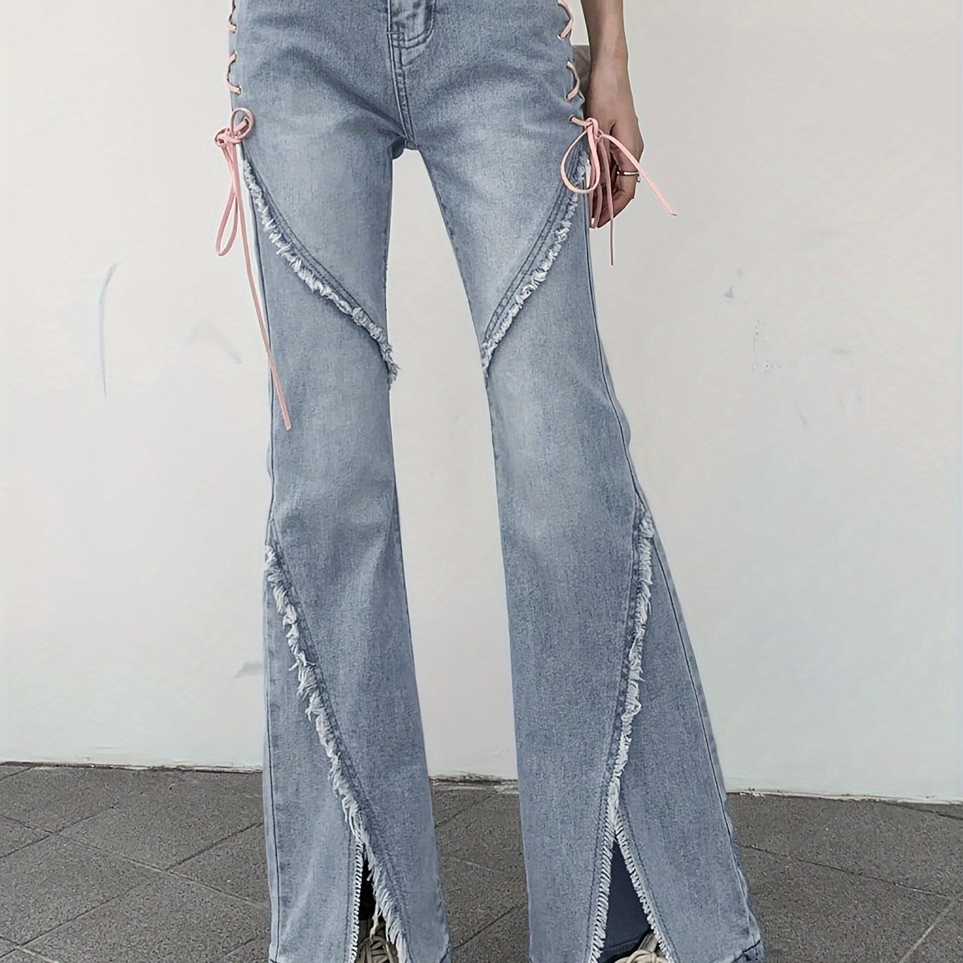 Sixsr Tie Side High Waist Flared Jeans, Split Front Raw Trim Washed Bell Bottom Denim Pants, Women's Denim Jeans & Clothing