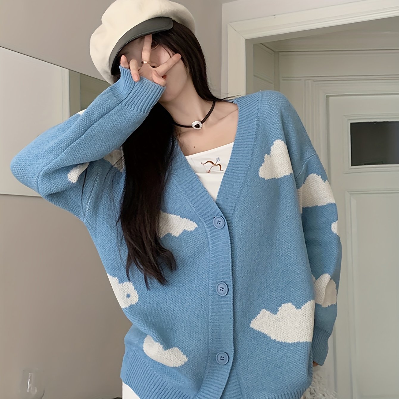 Sixsr Cloud Pattern Button Front Cardigan, Casual Long Sleeve Drop Shoulder Cardigan, Women's Clothing