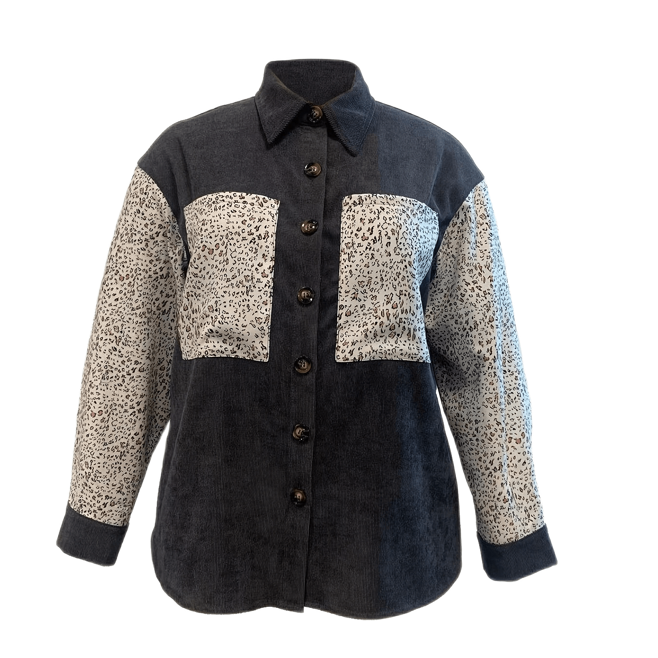 Sixsr Plus Size Casual Shirt Coat, Women's Plus Colorblock Leopard Print Button Up Long Sleeve Turn Down Collar Shacket