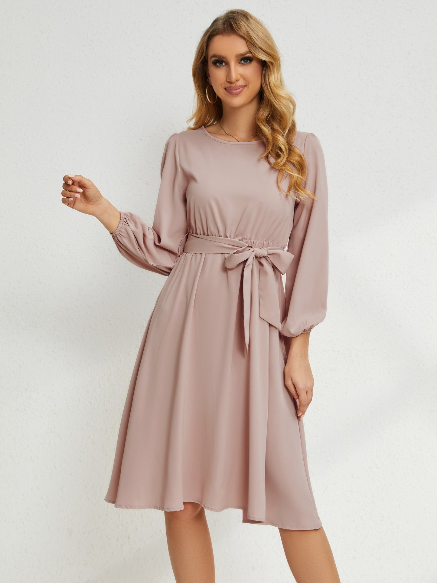 Sixsr Simple Keyhole Dress, Casual Crew Neck Long Sleeve Dress, Women's Clothing