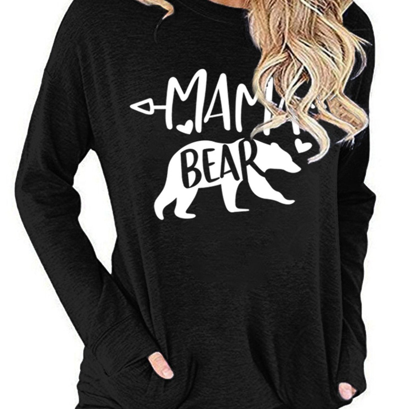 Sixsr Mamabear Bear Pattern Print T-shirt, Round Neck Long Sleeve Pullover T-Shirt, Women's Clothing