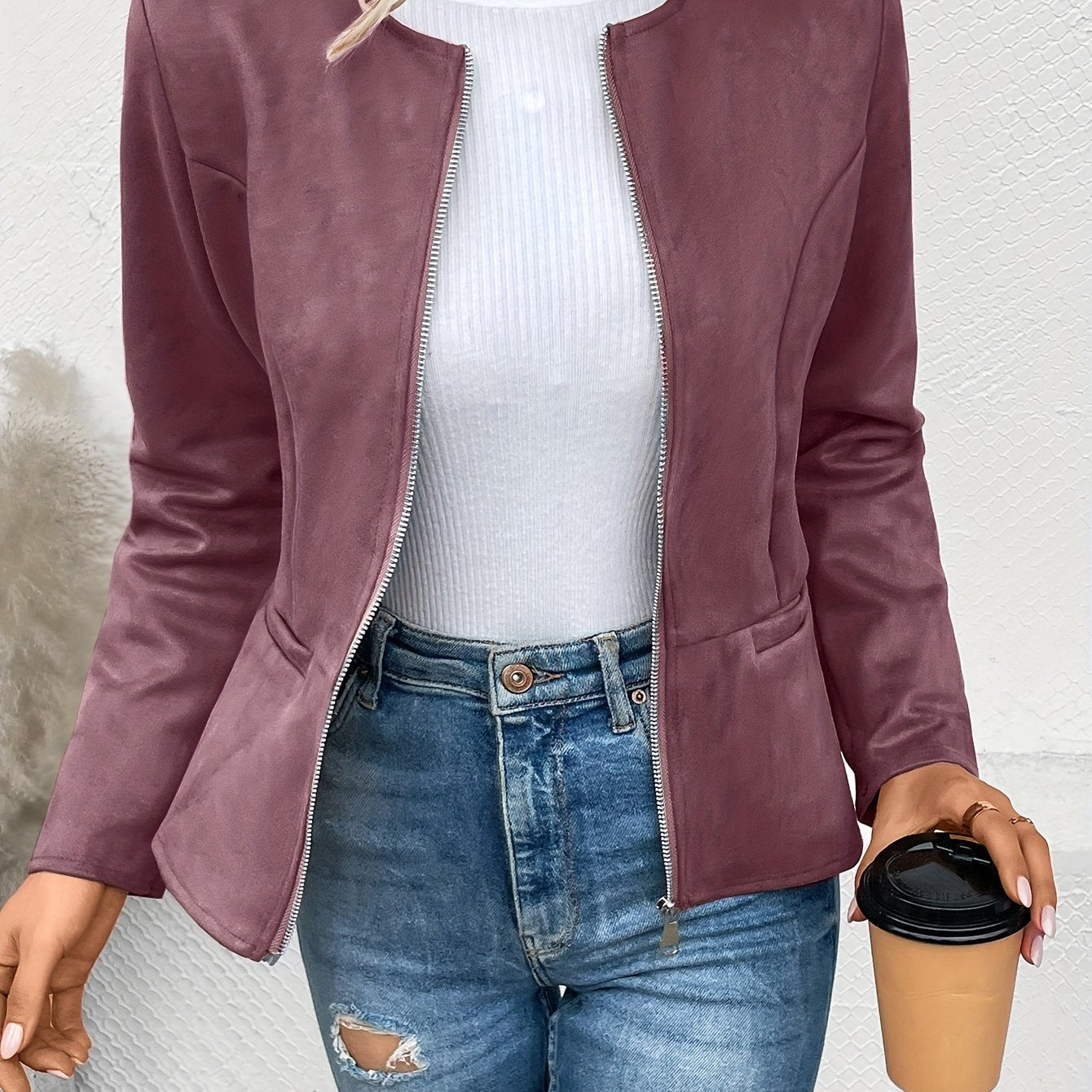 Sixsr Solid Zip Up Jacket, Casual Long Sleeve Crew Neck Outerwear For Spring & Fall, Women's Clothing