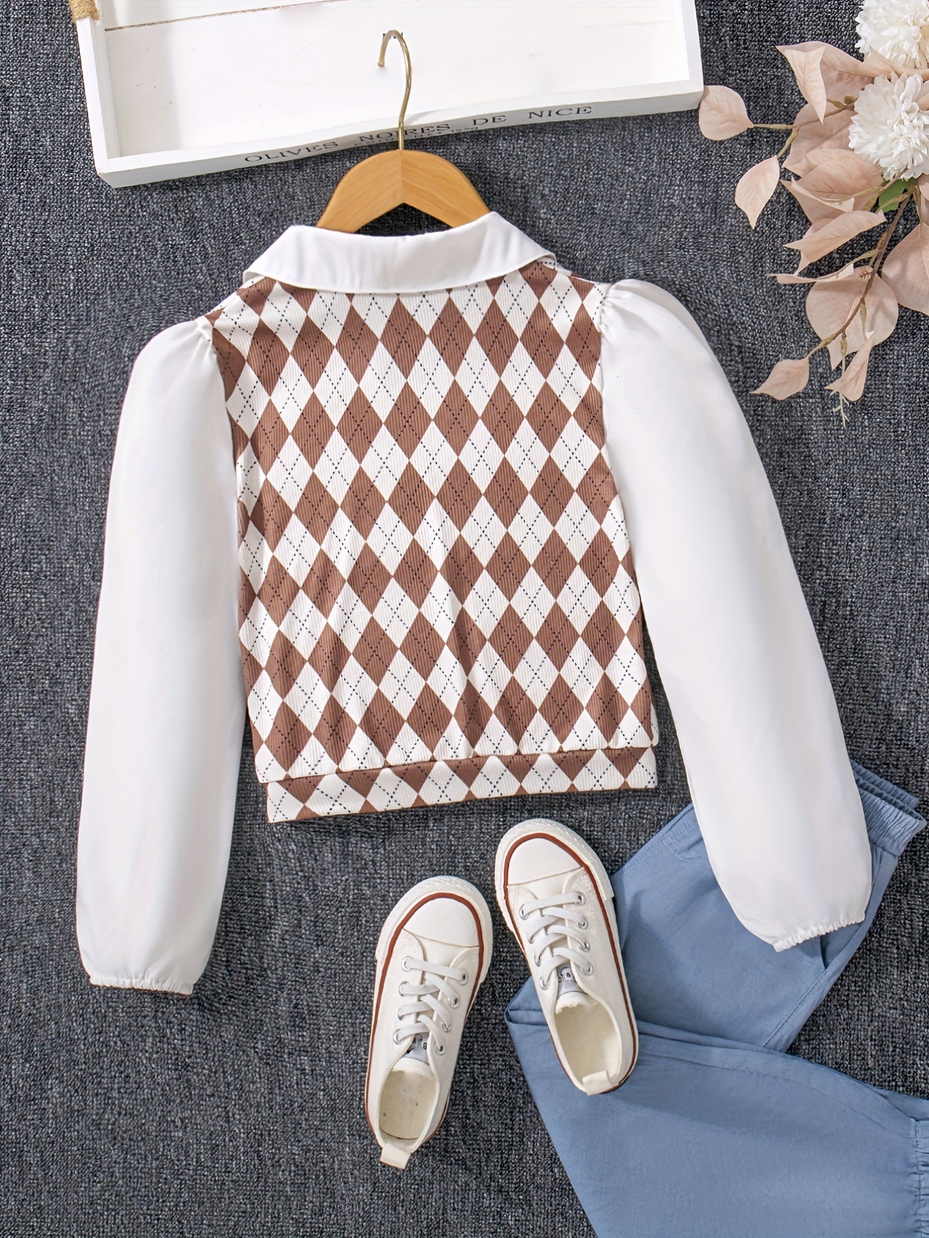 Sixsr Kids/Teen Girls Argyle Splicing Collar V-Neck Shirt For School Daily