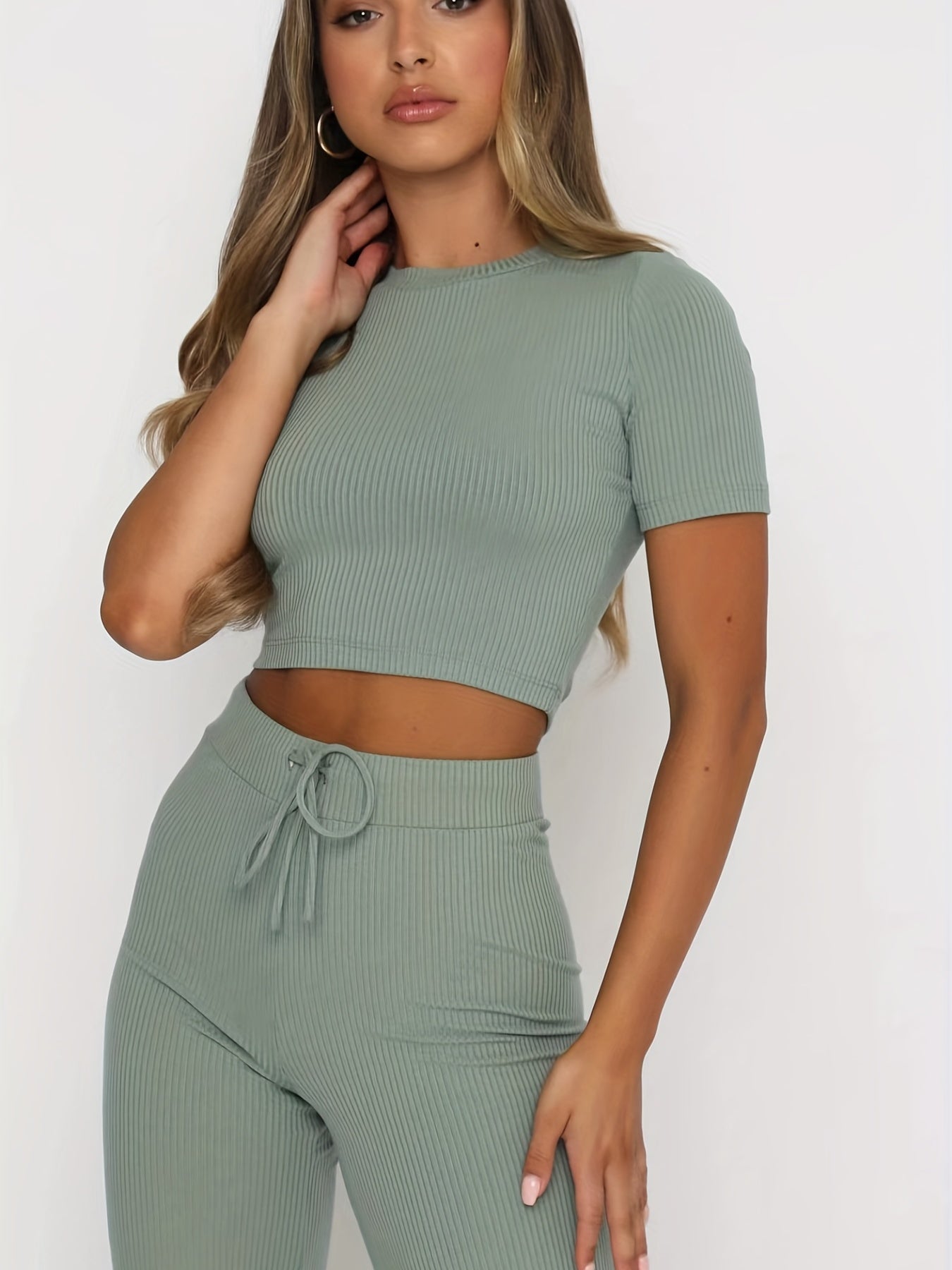 Sixsr Solid Casual Two-piece Set, Crew Neck Short Sleeve Tops & Drawstring Wide Leg Pants Outfits, Women's Clothing