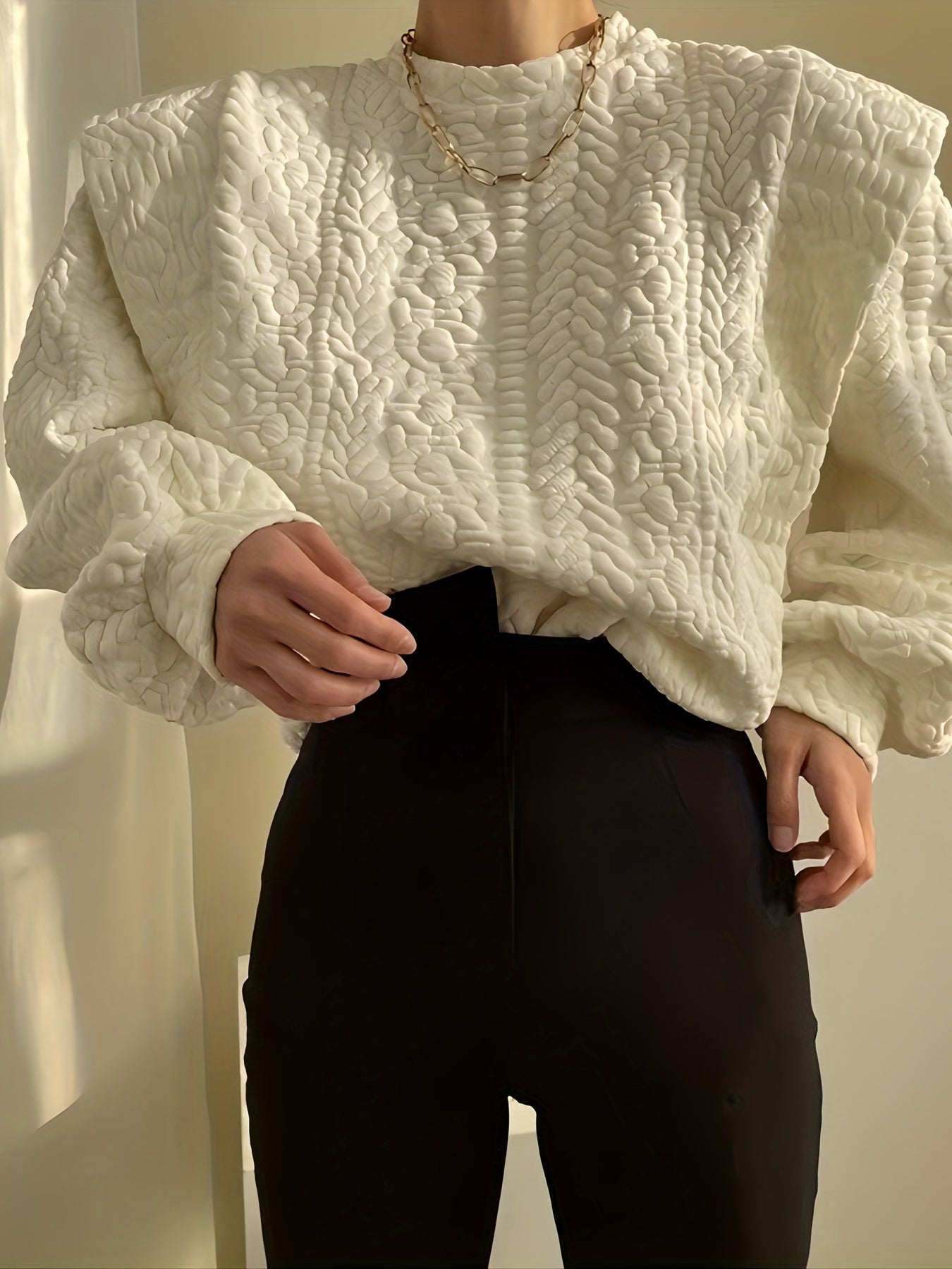 Sixsr Solid Color Pullover Textured Sweatshirt, Casual Long Sleeve Crew Neck Sweatshirt For Fall & Winter, Women's Clothing