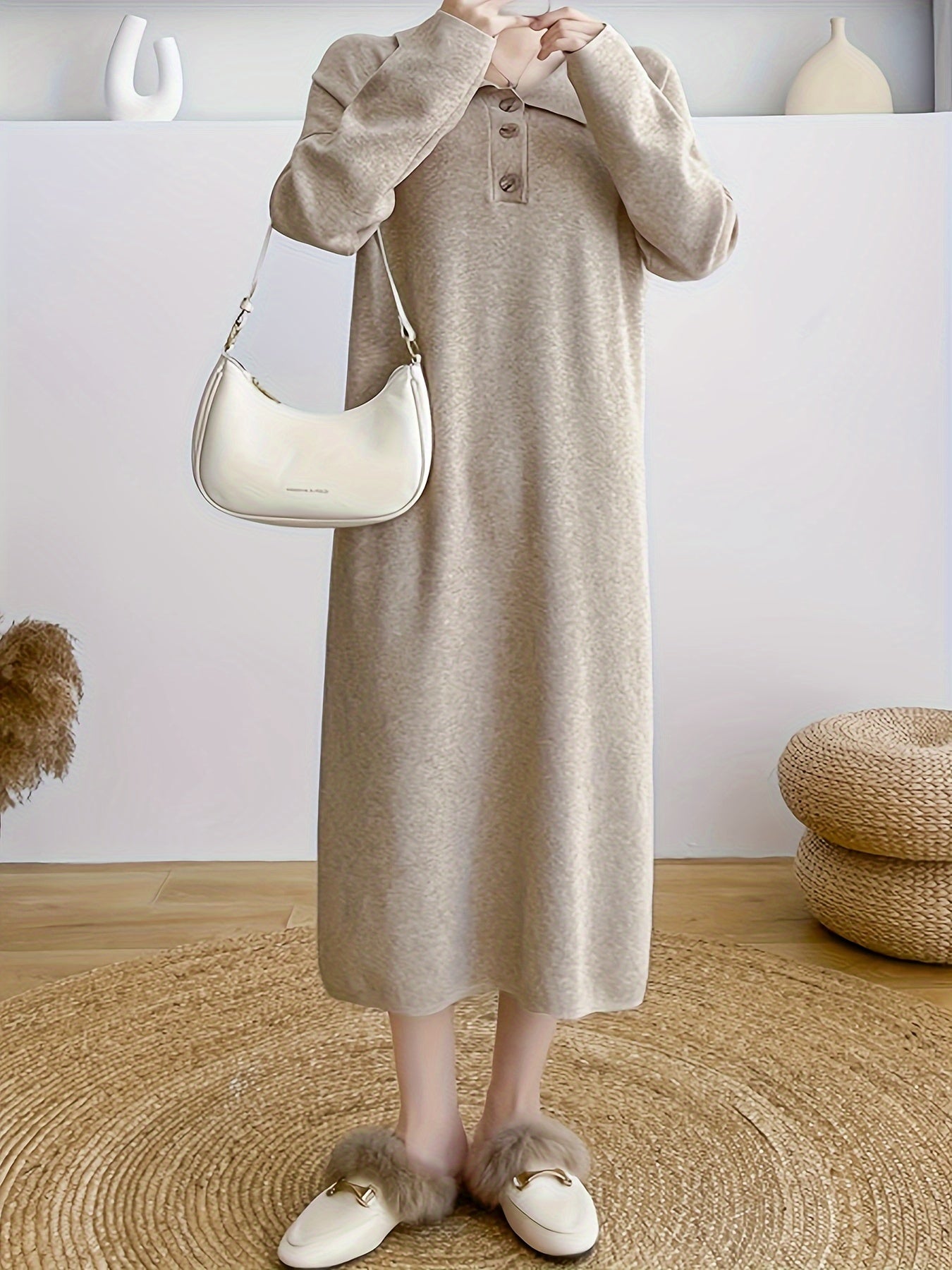 Sixsr Button Front Loose Dress, Elegant Long Sleeve Dress For Every Day, Women's Clothing