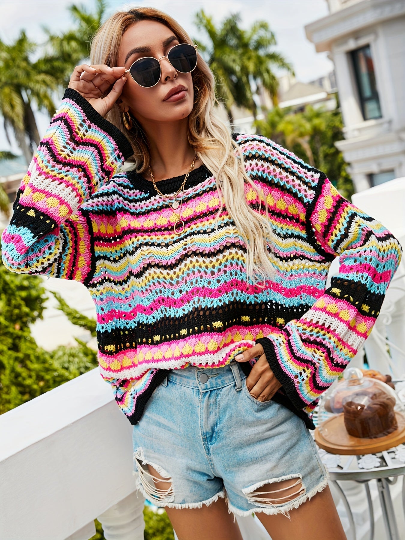 Sixsr Hollow Striped Knit Sweater, Casual Crew Neck Long Sleeve Sweater, Women's Clothing