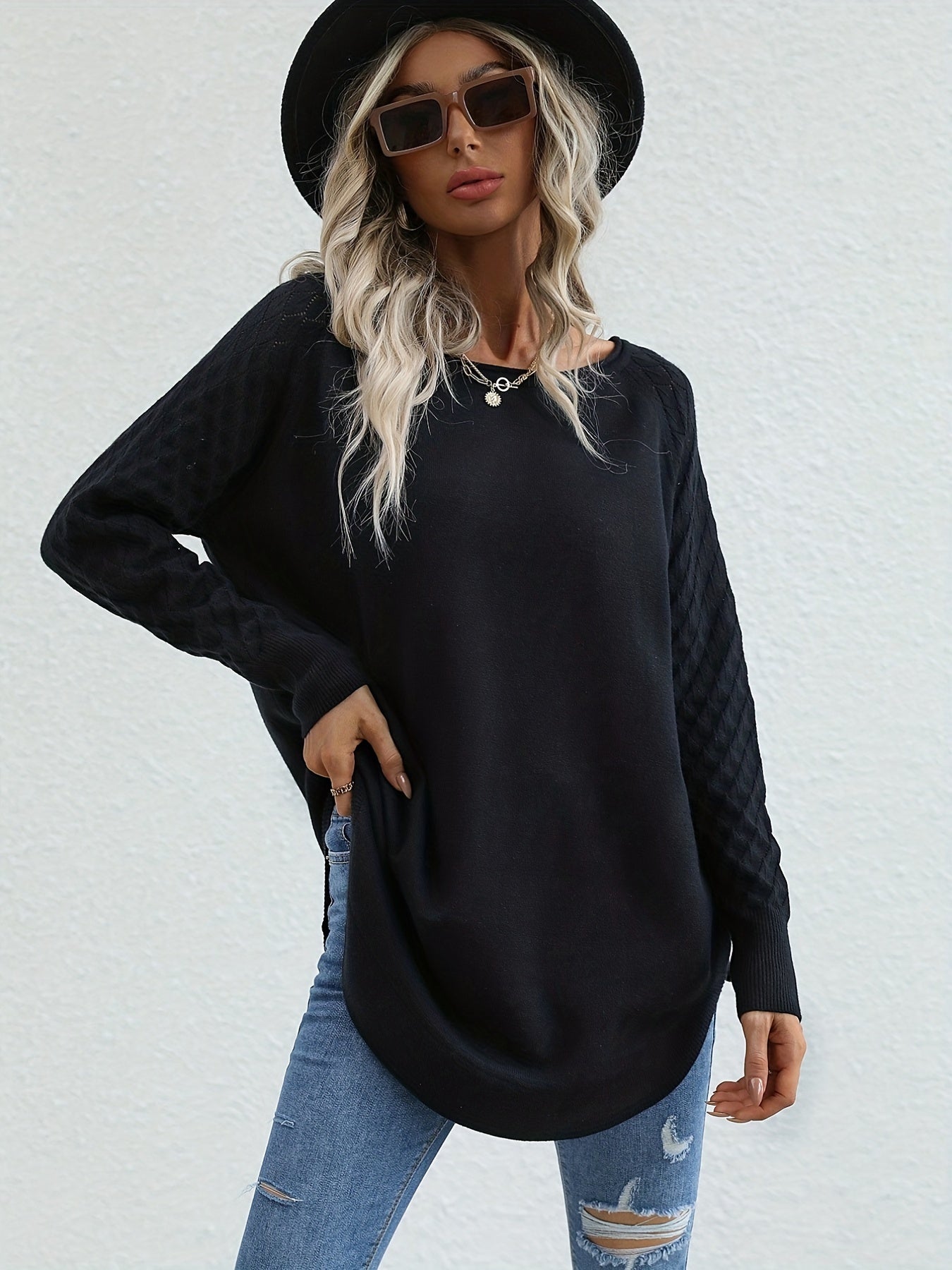 Sixsr Solid Crew Neck Slit Pullover Sweater, Casual Long Sleeve Sweater For Spring & Fall, Women's Clothing
