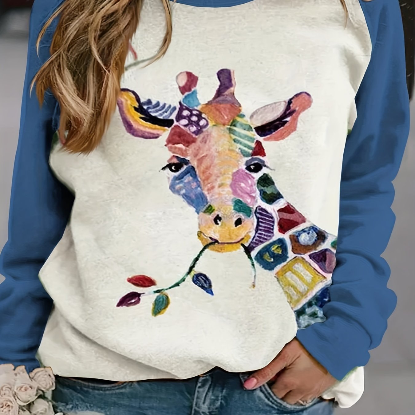 Sixsr Plus Size Casual Sweatshirt, Women's Plus Colorblock Giraffe Print Long Sleeve Round Neck Pullover Sweatshirt