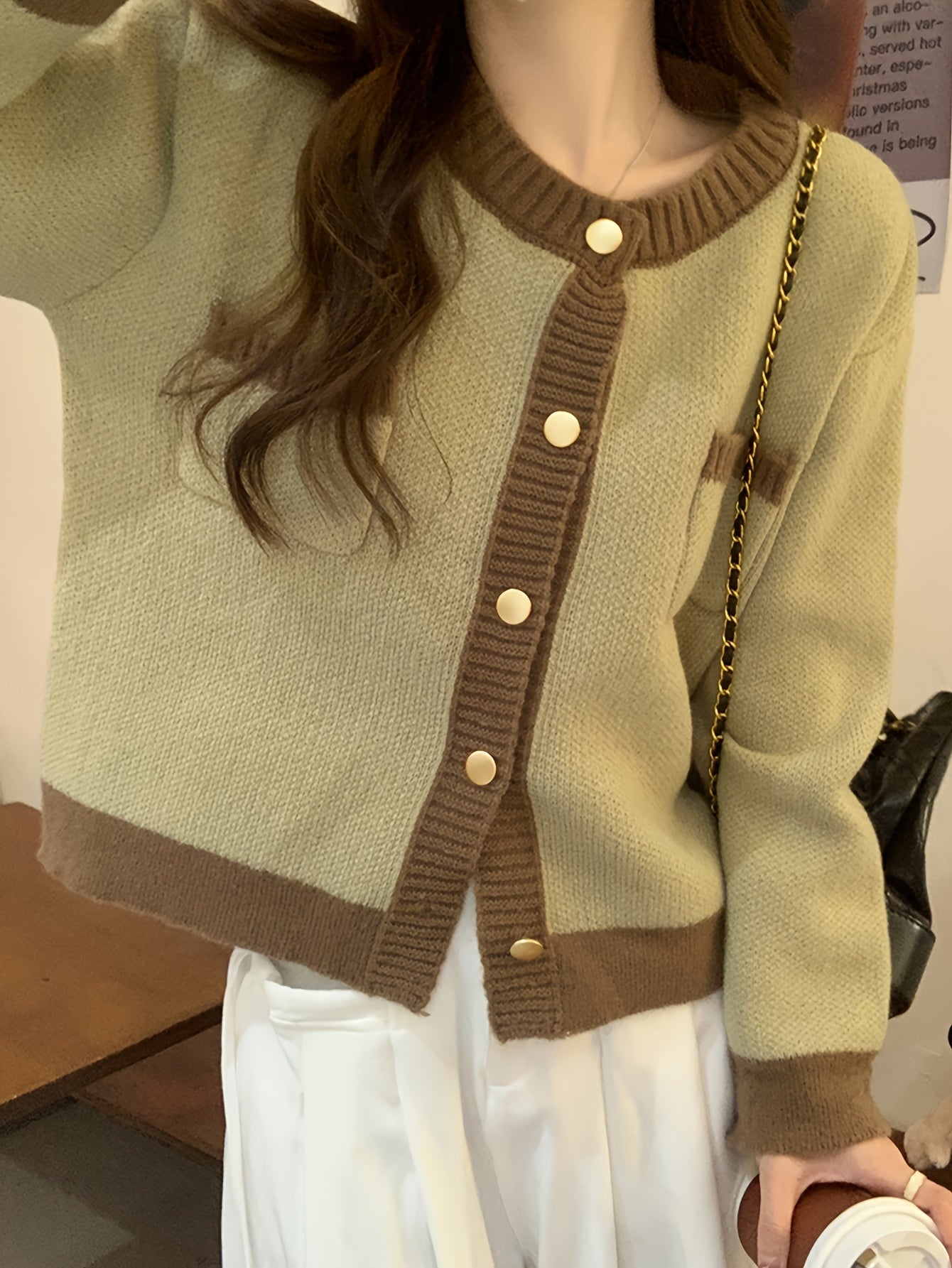 Sixsr Contrast Trim Button Up Knit Cardigan, Casual Crew Neck Long Sleeve Pocket Sweater, Women's Clothing