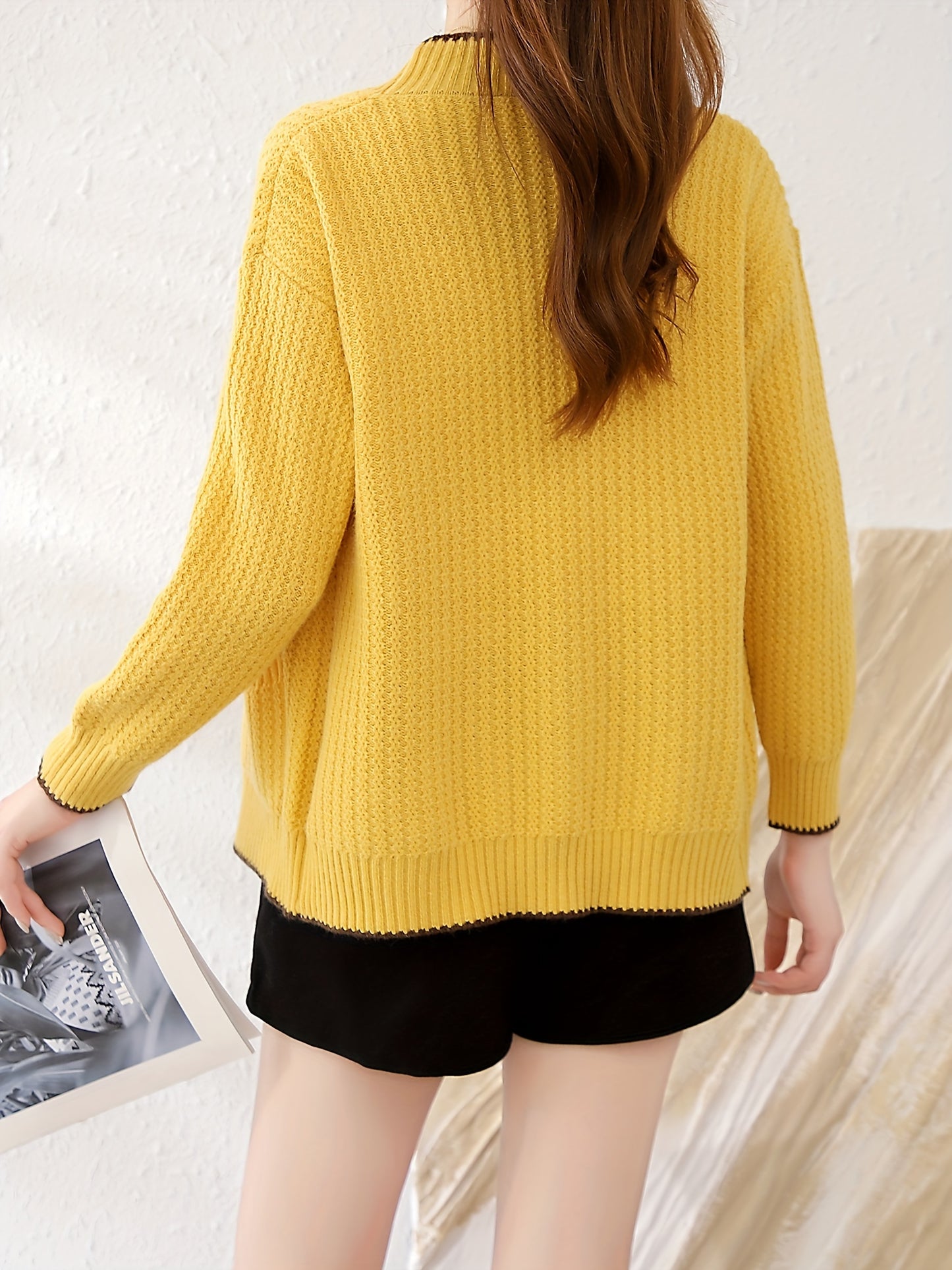 Sixsr V Neck Button Up Rib Knit Cardigan, Elegant Long Sleeve Sweater With Pocket, Women's Clothing